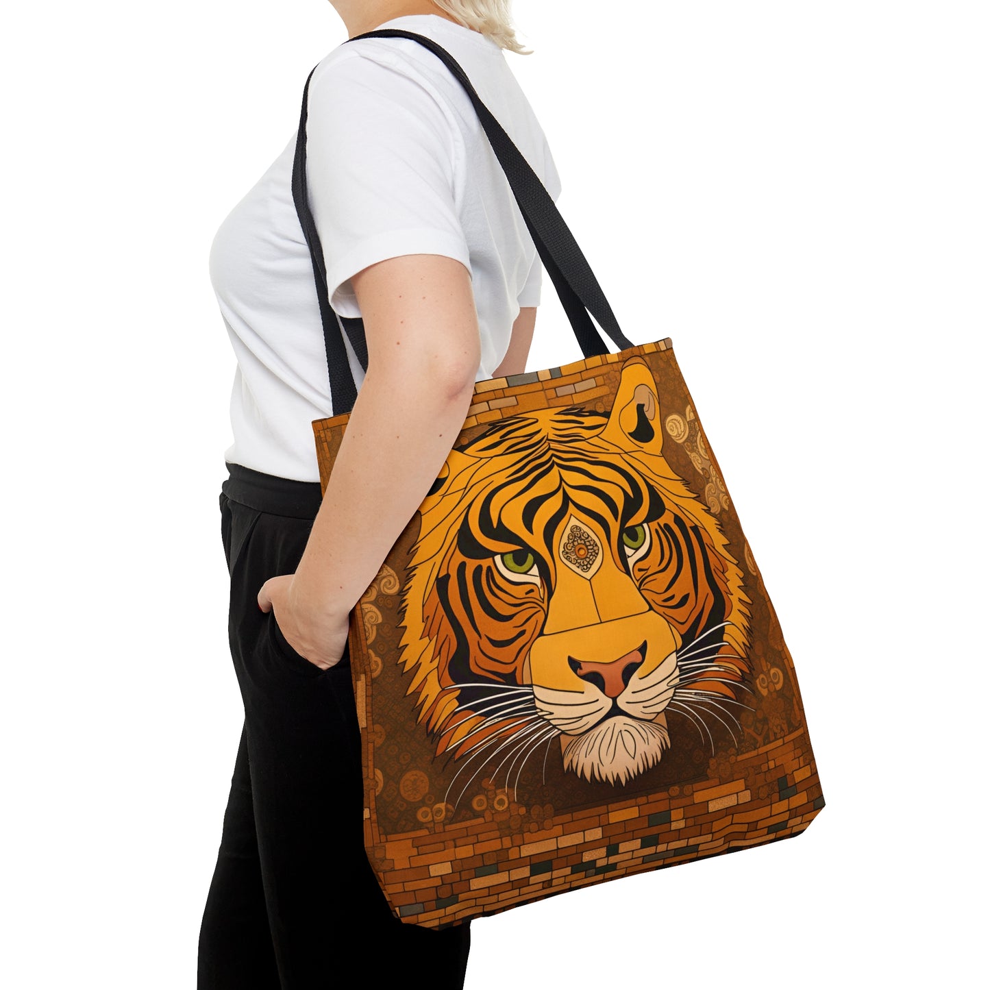 Tiger Head in the Style of Gustav Klimt Printed on Tote Bag large with female model
