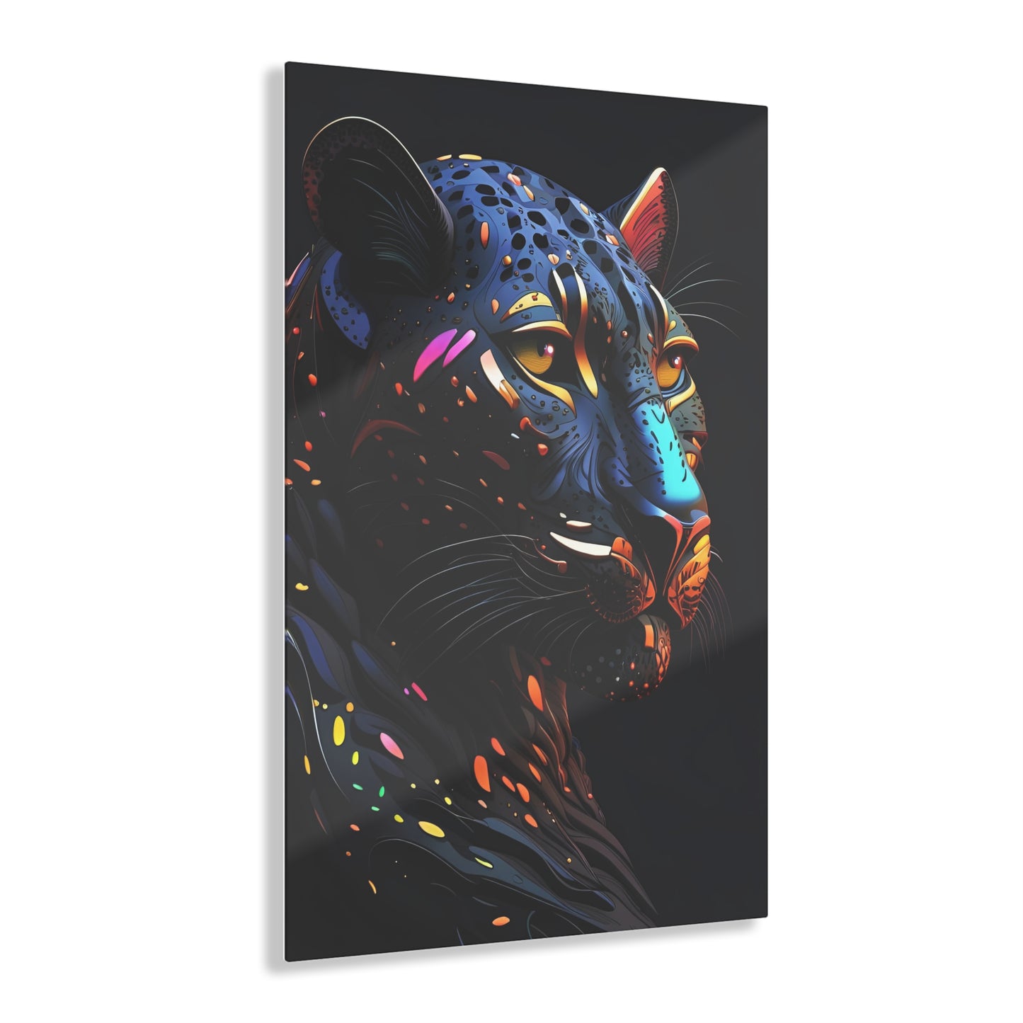 Big Cat Lover Art - Stylized Colorful Black Panther Head printed on a crystal clear acrylic panel