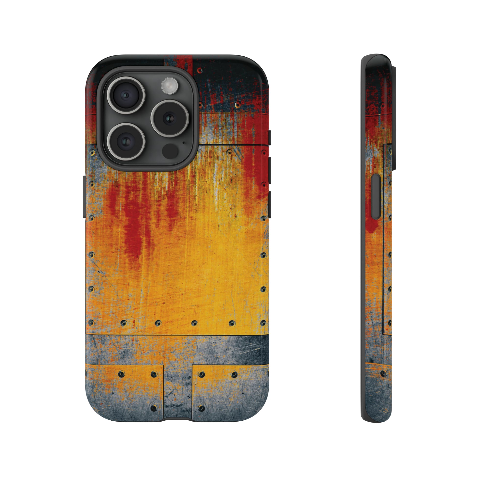 Steampunk Themed Rust and Paint Plate Printed on Phone Case for iPhone 15 Pro front and Side