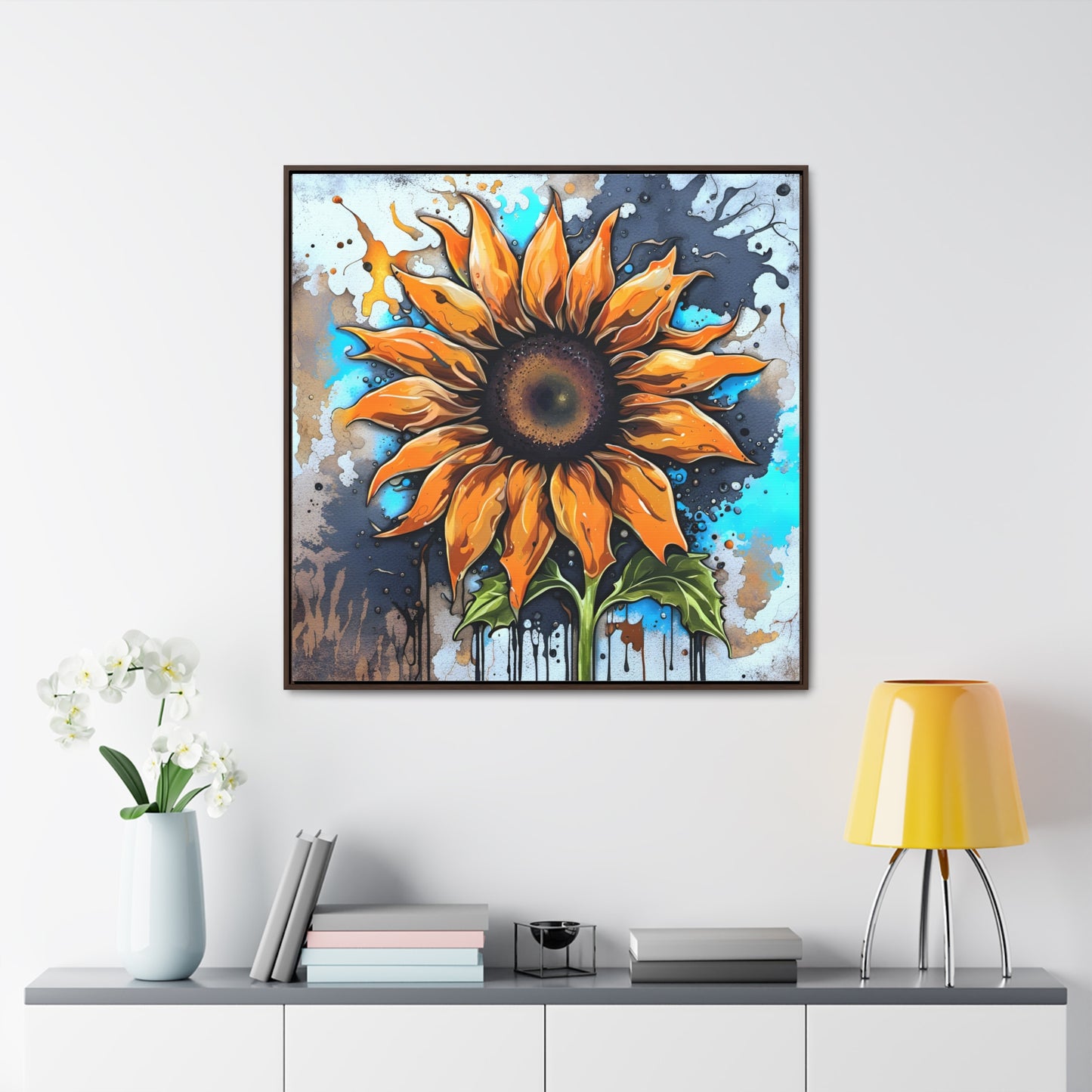 Floral Themed Wall Art - Street Style Sunflower Printed on Canvas in a Floating Frame