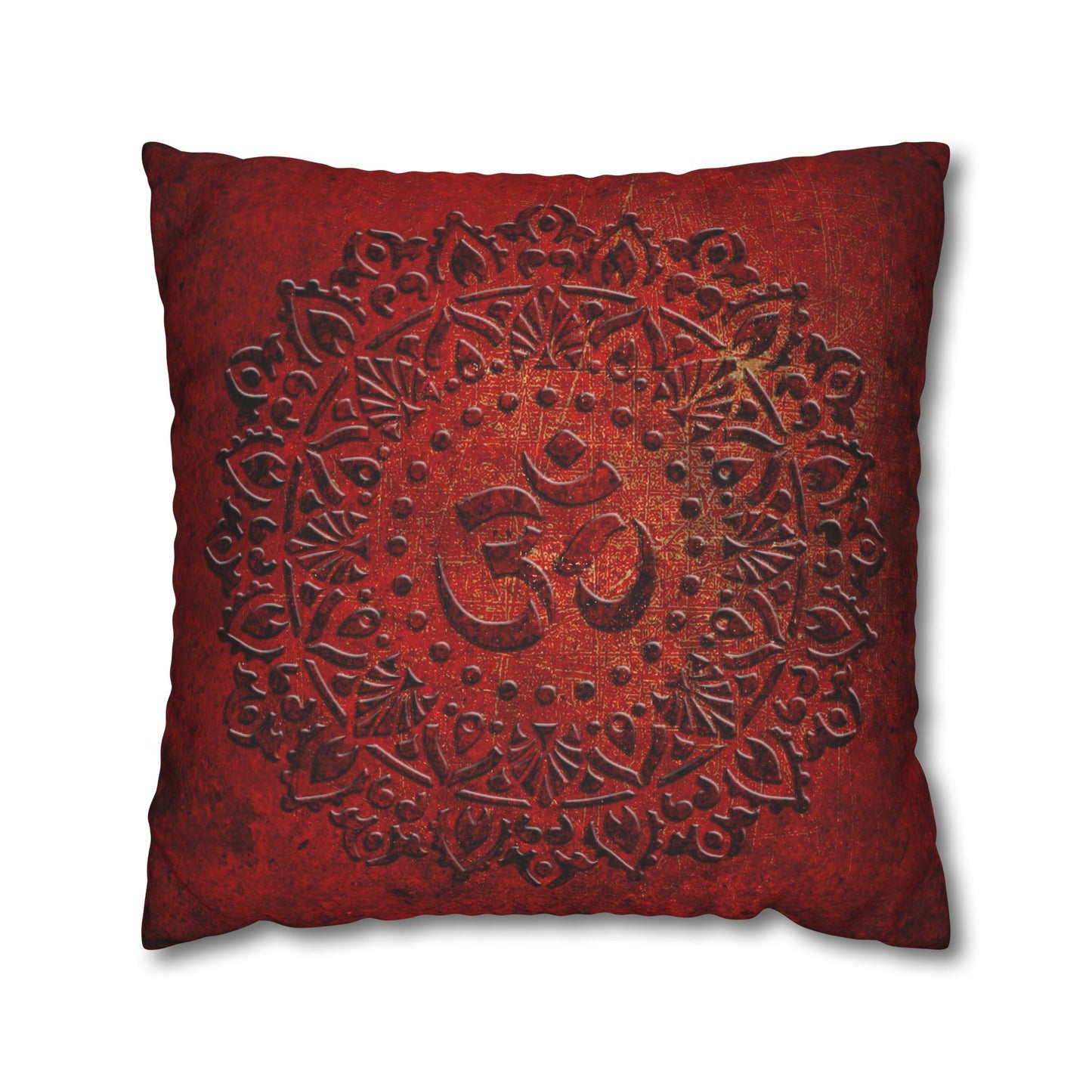 Meditation Themed Square Pillow Cover, Om Symbol Mandala Style Print on Lava Red Background Pillow Cover