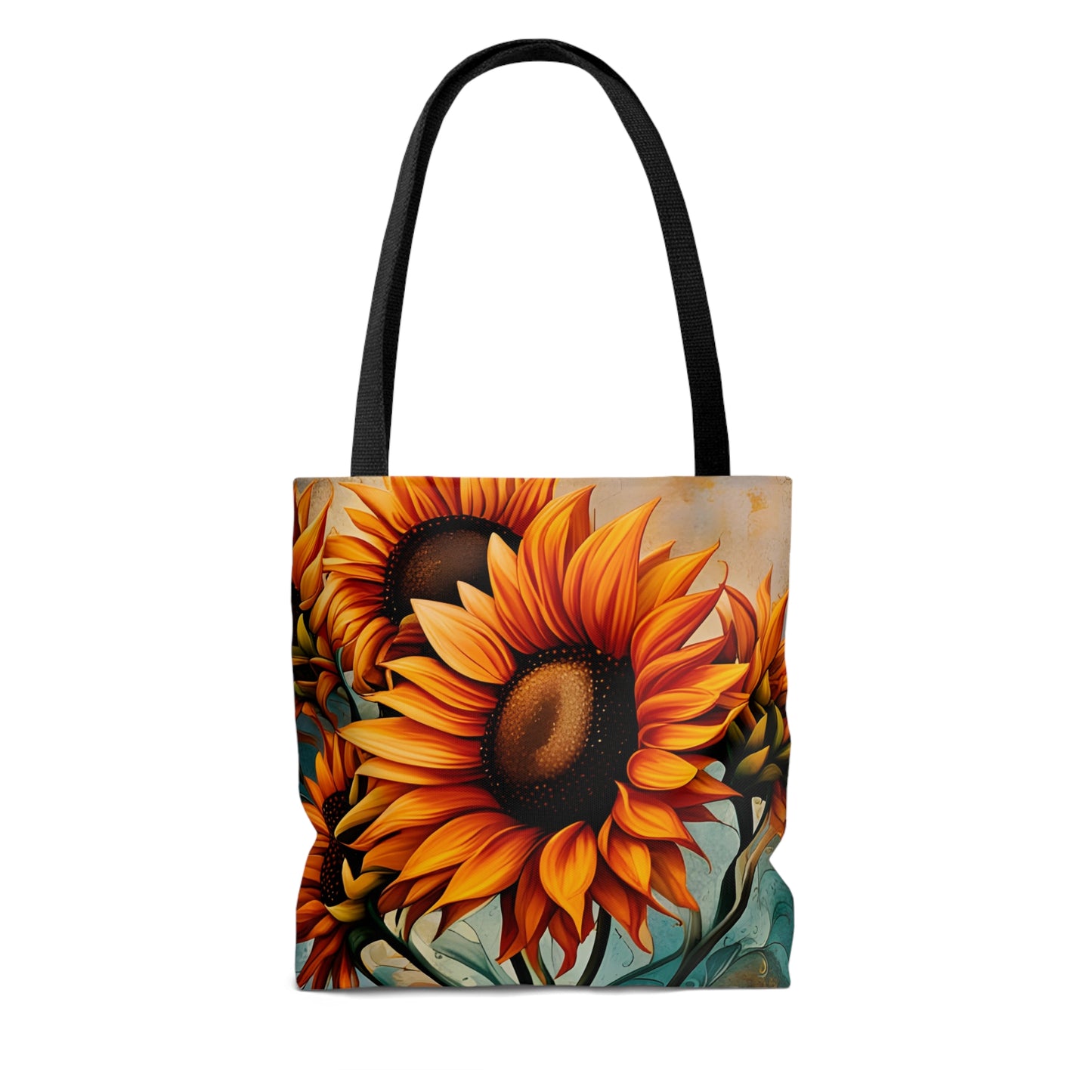 Sunflower Crop on Distressed Blue and Copper Background Printed on Tote Bag Back