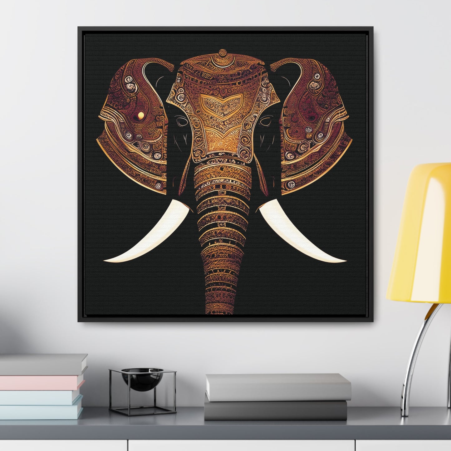 Indian Elephant Head With Parade Colors on Black Background Print on Canvas in a Floating Frame 16x16 