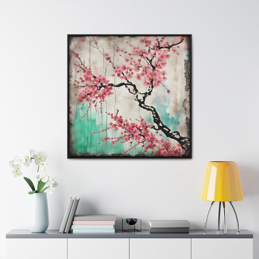 Cherry Blossoms Street Art Style Print on Canvas in a Floating Frame 36x36