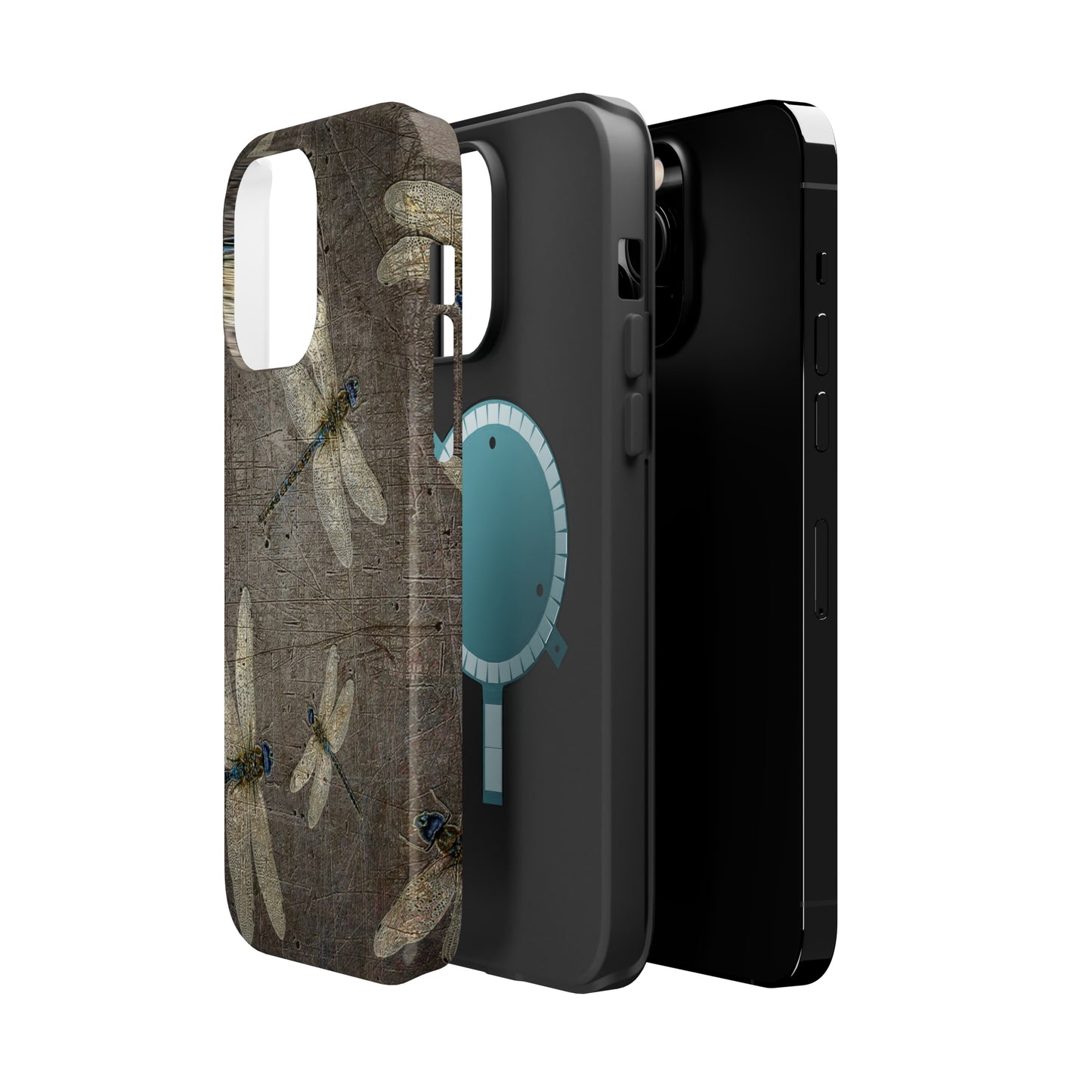 Dragonfly Themed Mag Safe Tough Cases for iPhones 13 and 14 - Flight of Dragonflies on Stone Background Print