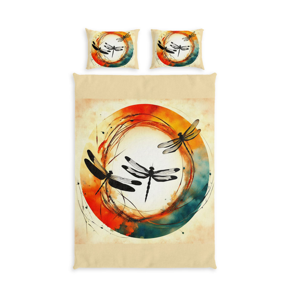 A bedding set featuring a duvet cover and two matching pillowcases, all printed with a watercolor-style dragonfly design inside a circular brushstroke motif on a cream background.