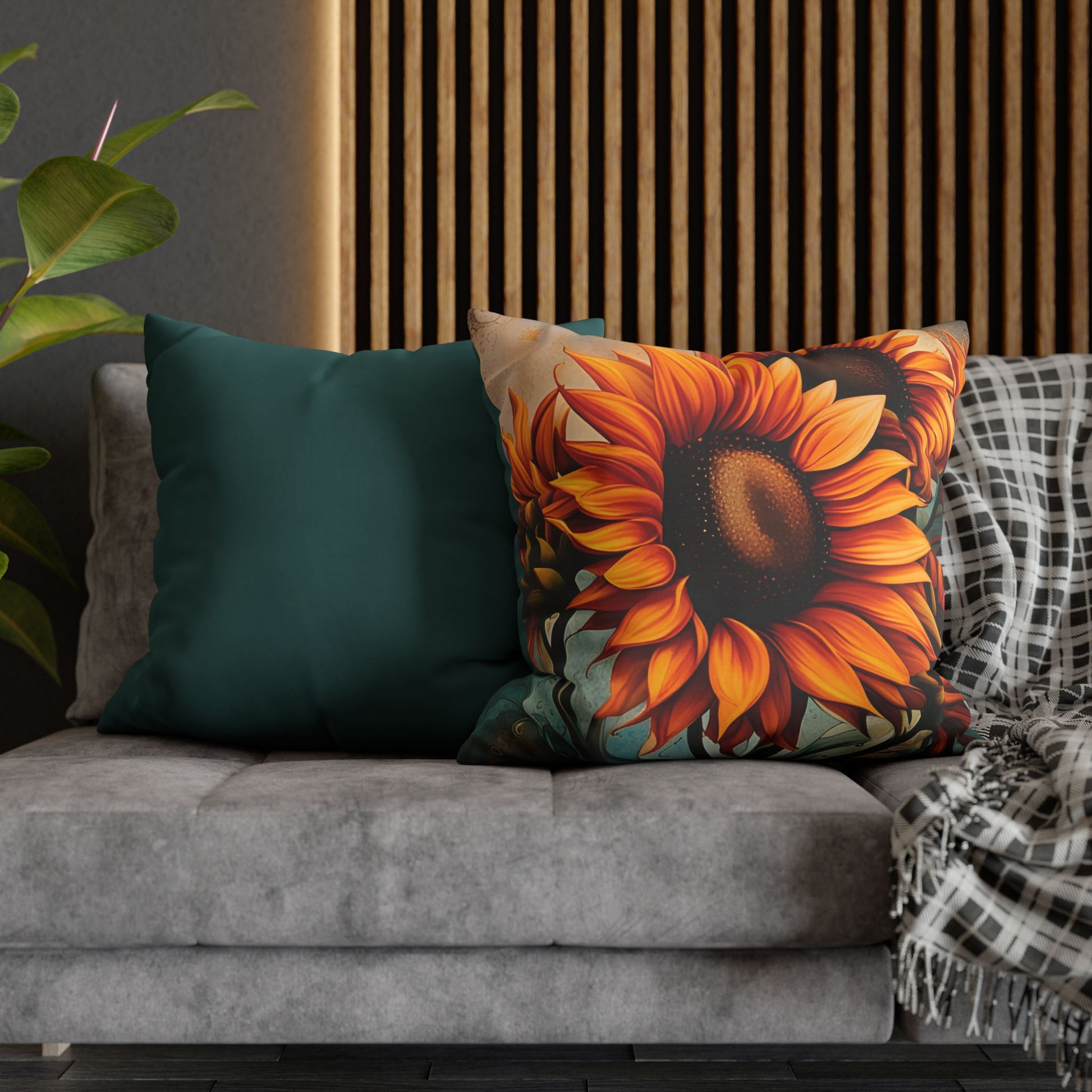 Sunflower Crop on Distressed Blue and Copper Background Print Square Pillow Cover front and back side by side