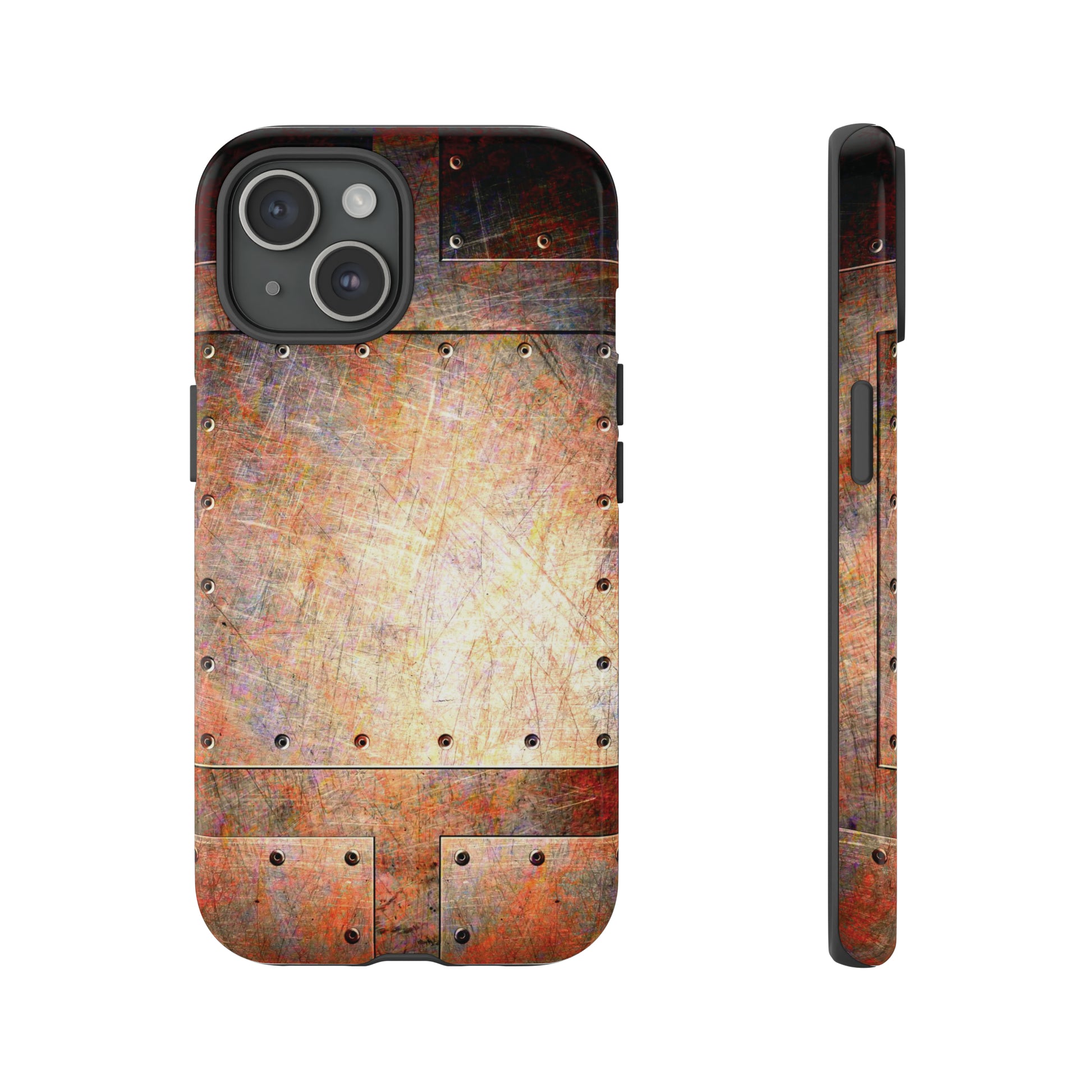 Steampunk Themed Distressed Riveted Metal Plates Print on Phone Case for iPhone 15 front and side