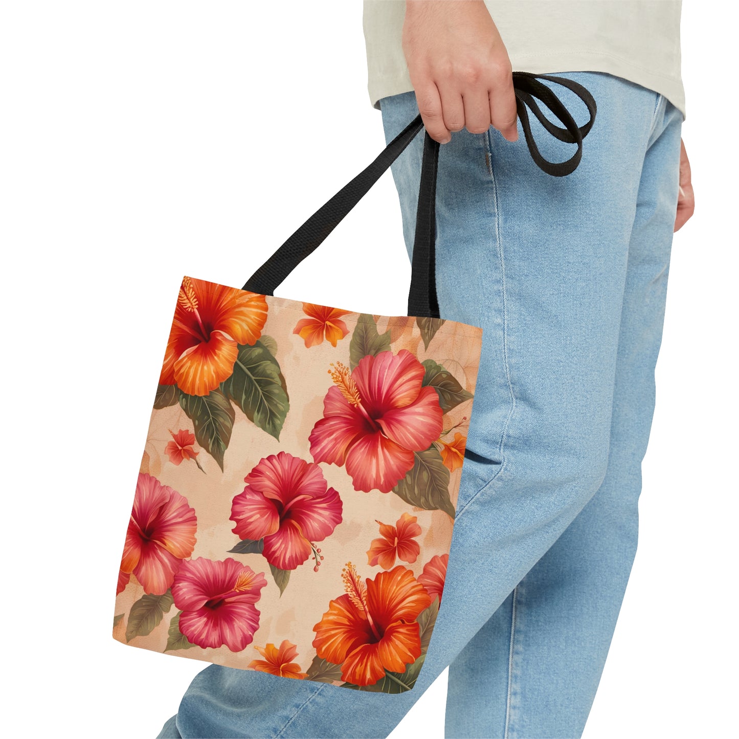 Pink and Orange Hibiscus Flower Printed on Tote Bag small