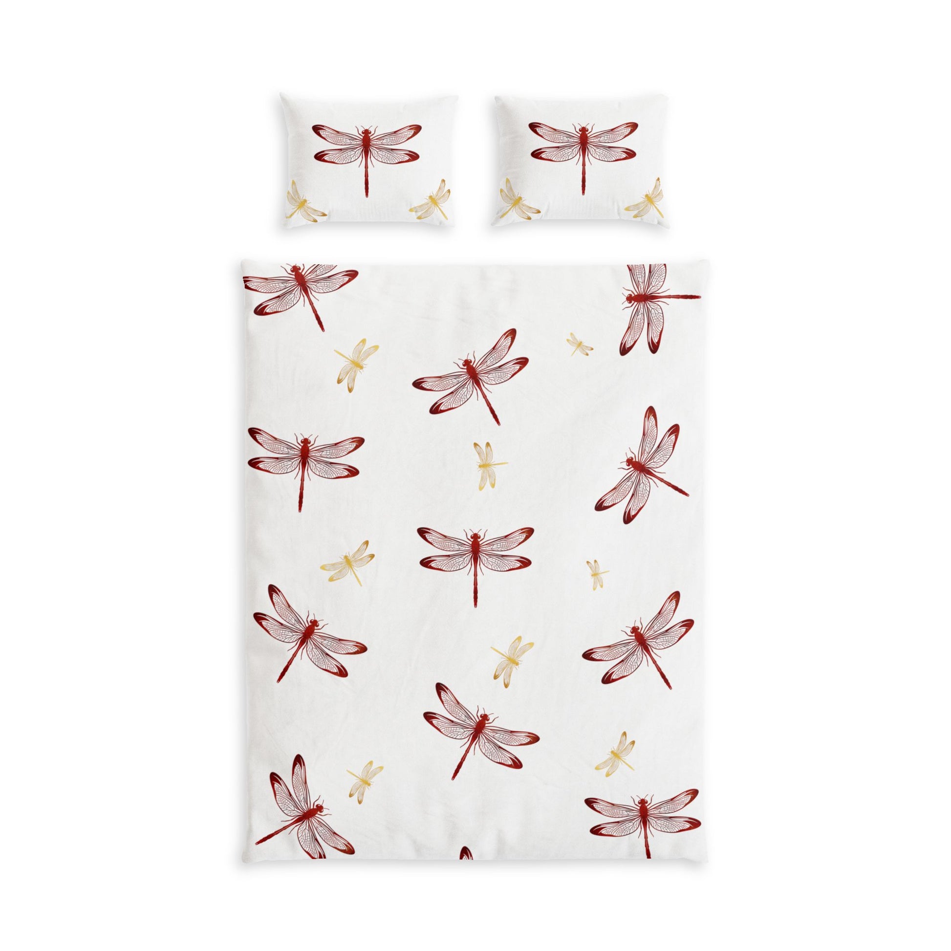 A bedding set featuring a duvet cover and two pillowcases with a watercolor dragonfly pattern on a white background.