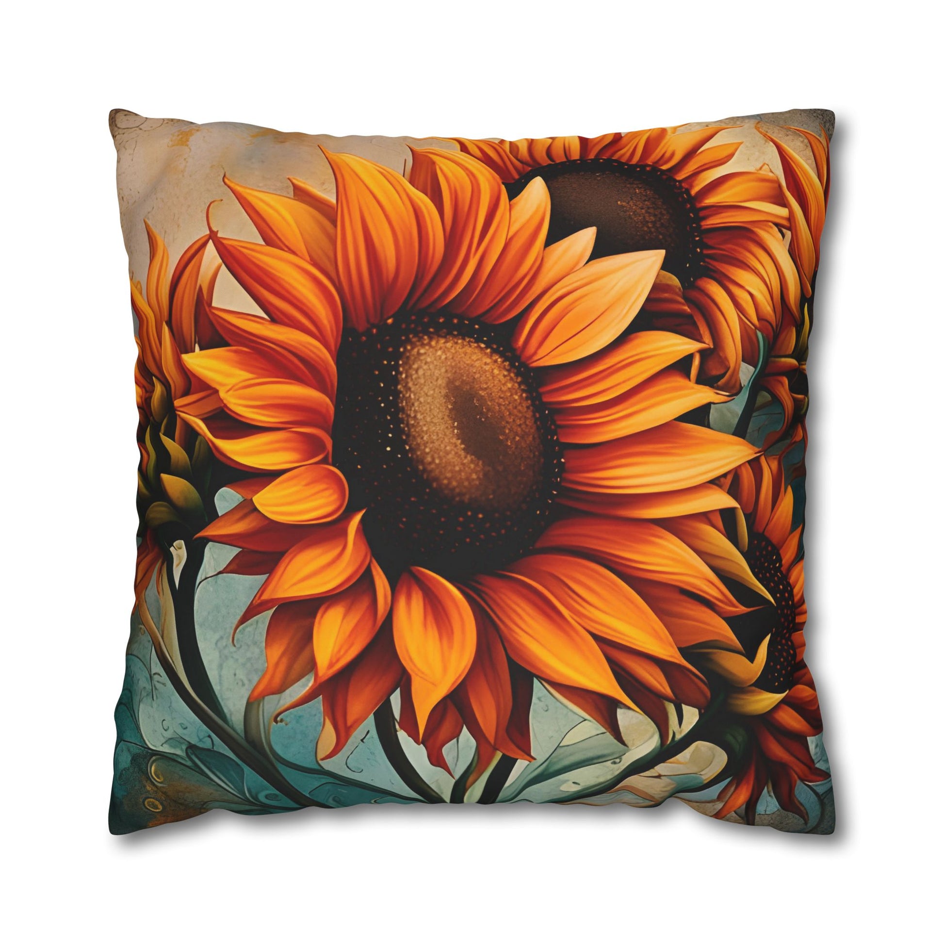 Sunflower Crop on Distressed Blue and Copper Background Print Square Pillow Cover with pillow inside