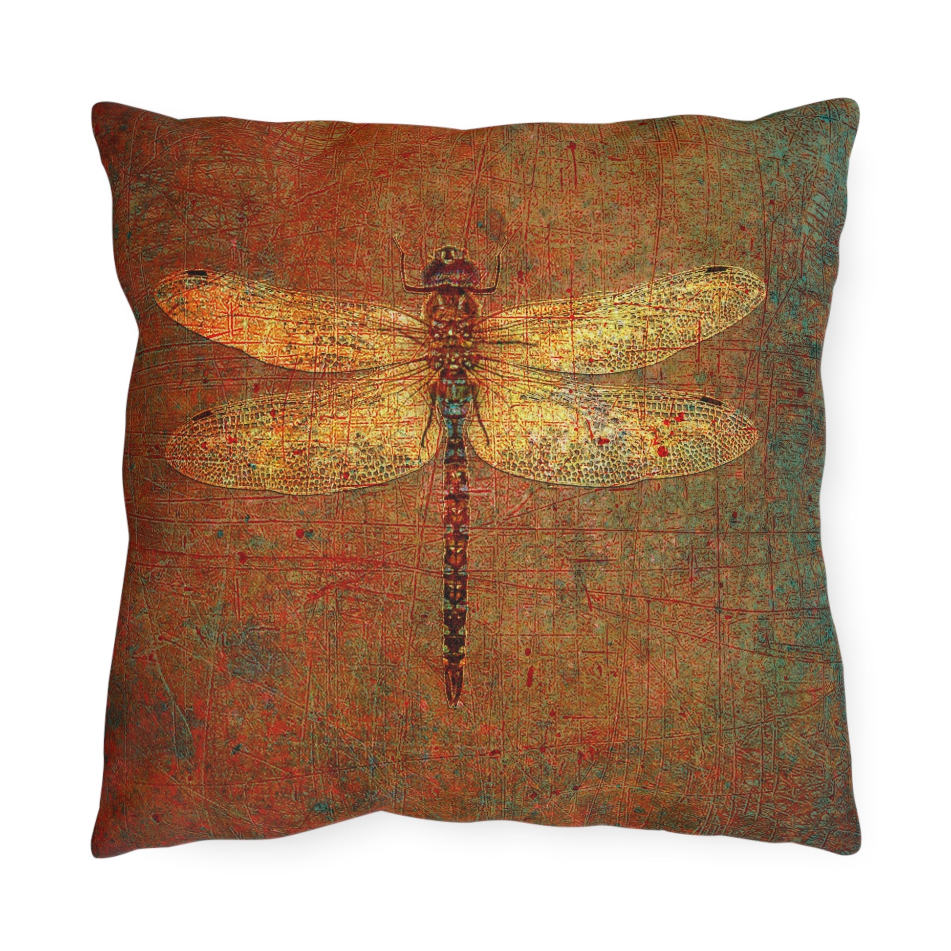 Decorative pillow with a dragonfly design on a textured background