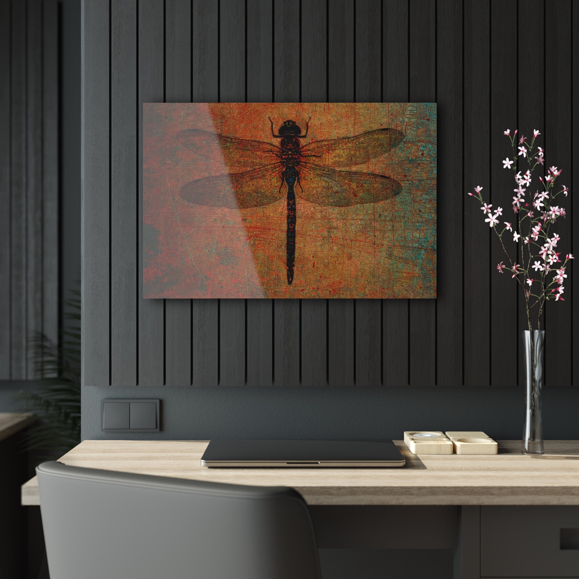 Dragonfly on Distressed Brown Stone Background on a Crystal Clear Acrylic Panel 30x20 hung on dark wall