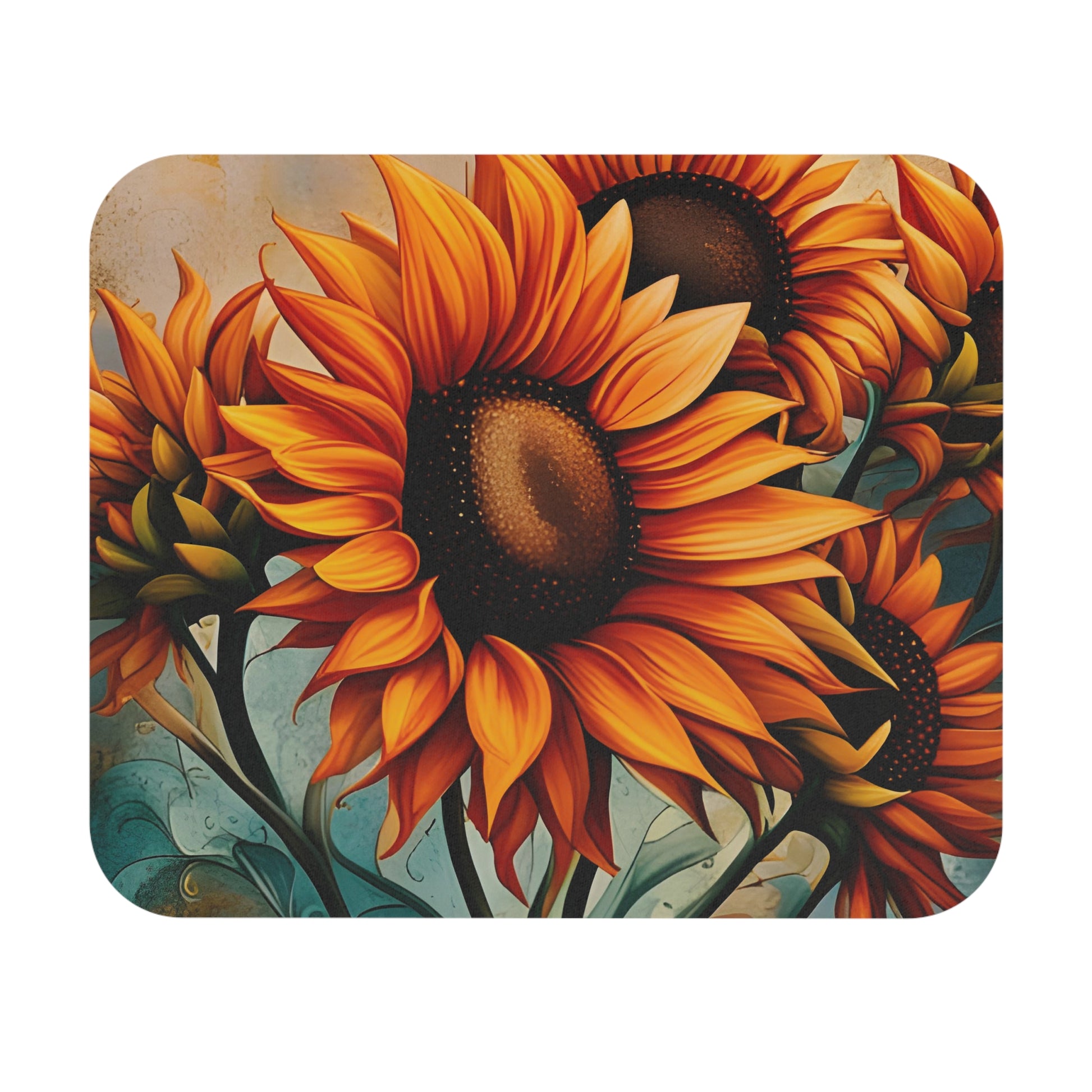 Sunflower Crop on Distressed Blue and Copper Background Printed on Mouse Pad