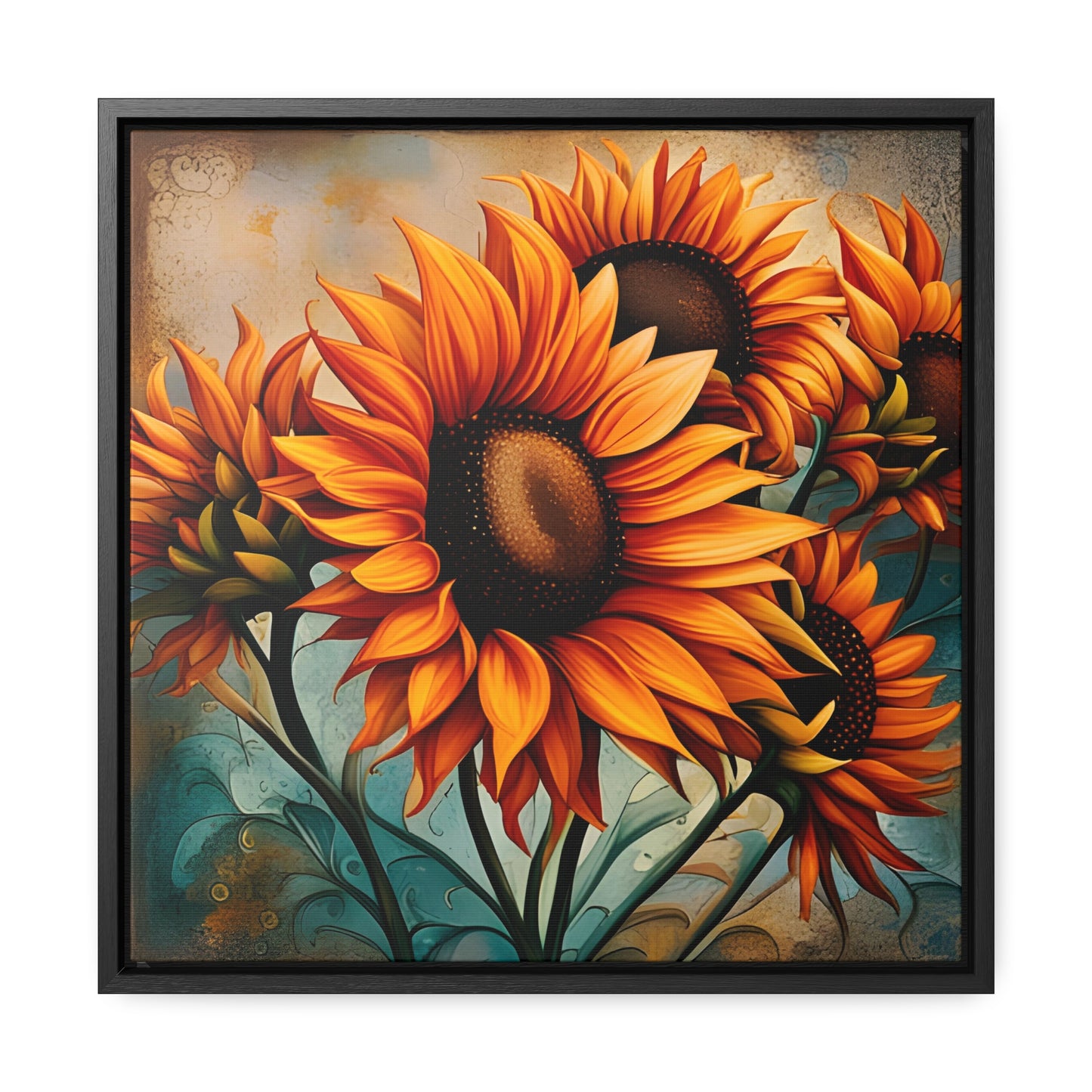 Sunflower Lovers Delight - Sunflower Crop on Distressed Blue and Copper Background Printed on Canvas in a Floating Frame