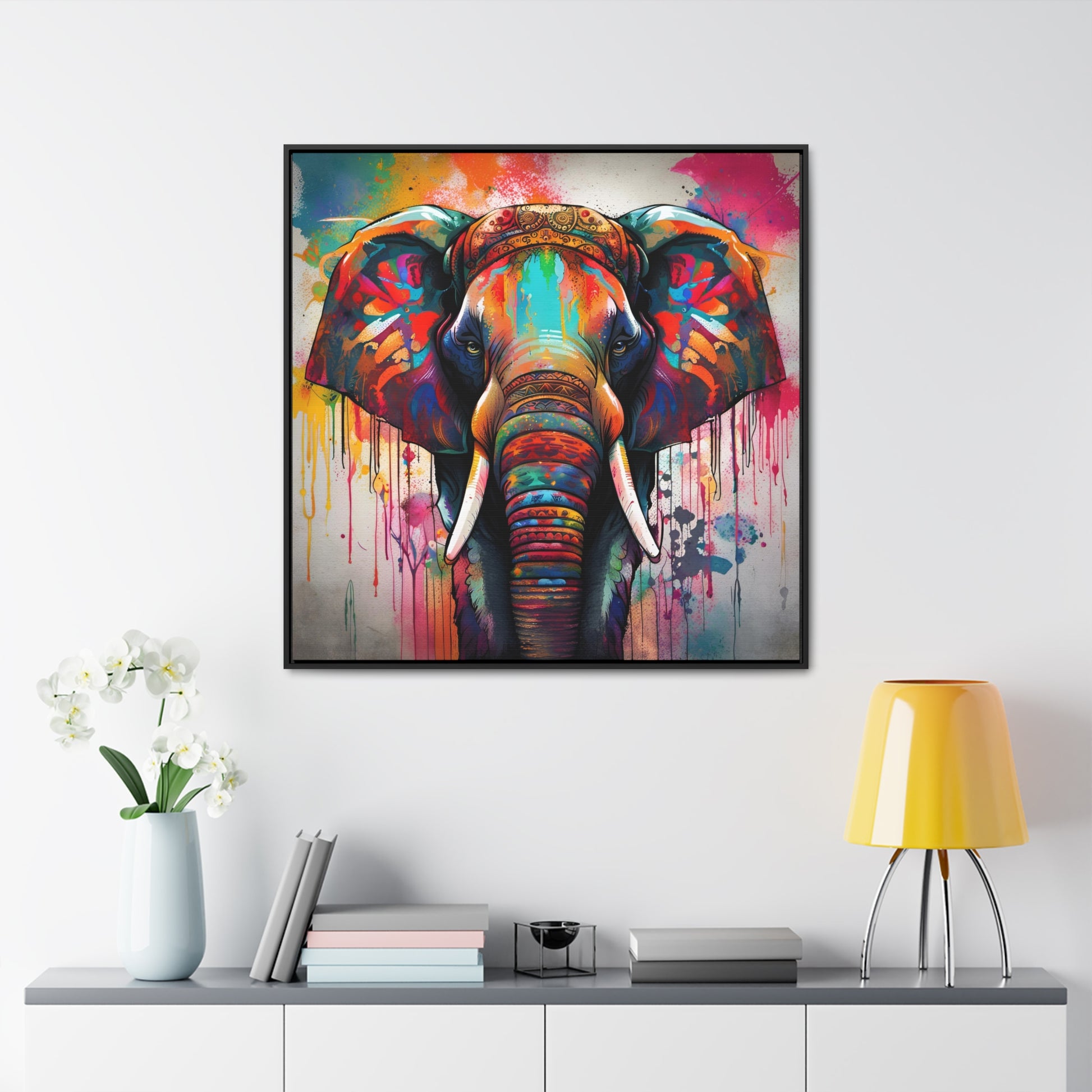 Dripping Colors Indian Elephant Print on Canvas in a Floating Frame 36x36