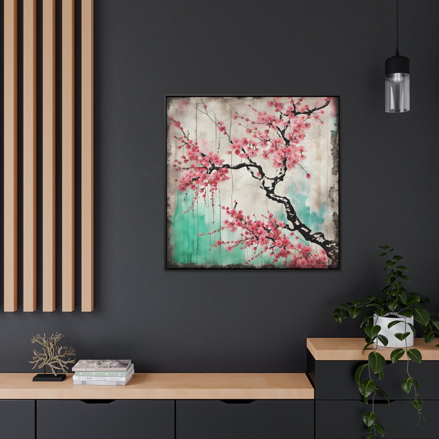 Floral themed Wall Art Print - Cherry Blossoms Street Art Style Print on Canvas in a Floating Frame