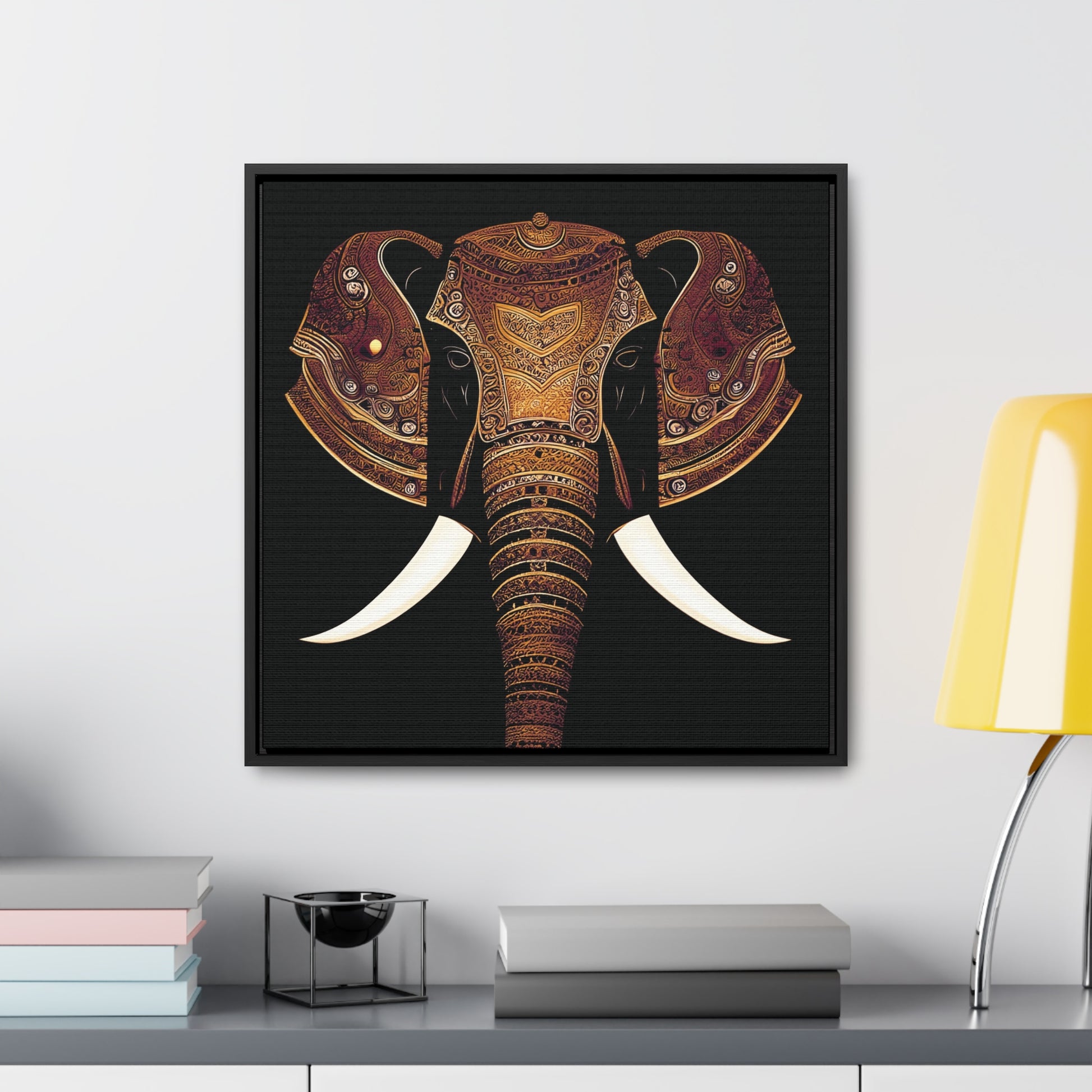 Indian Elephant Head With Parade Colors on Black Background Print on Canvas in a Floating Frame 24x24