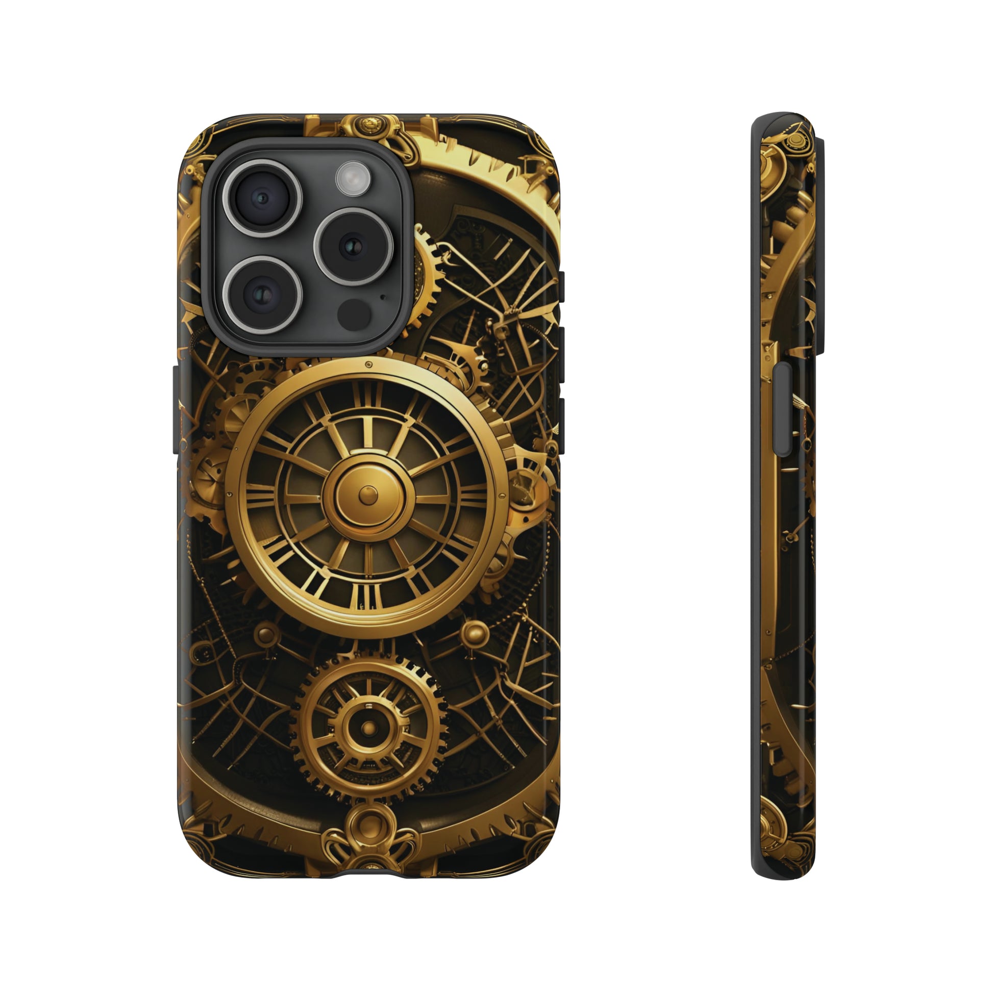 Art Deco Themed Steampunk Panel Gold and Copper Gears Panel Style Printed on Phone Case for iPhone 15 Pro front and side view