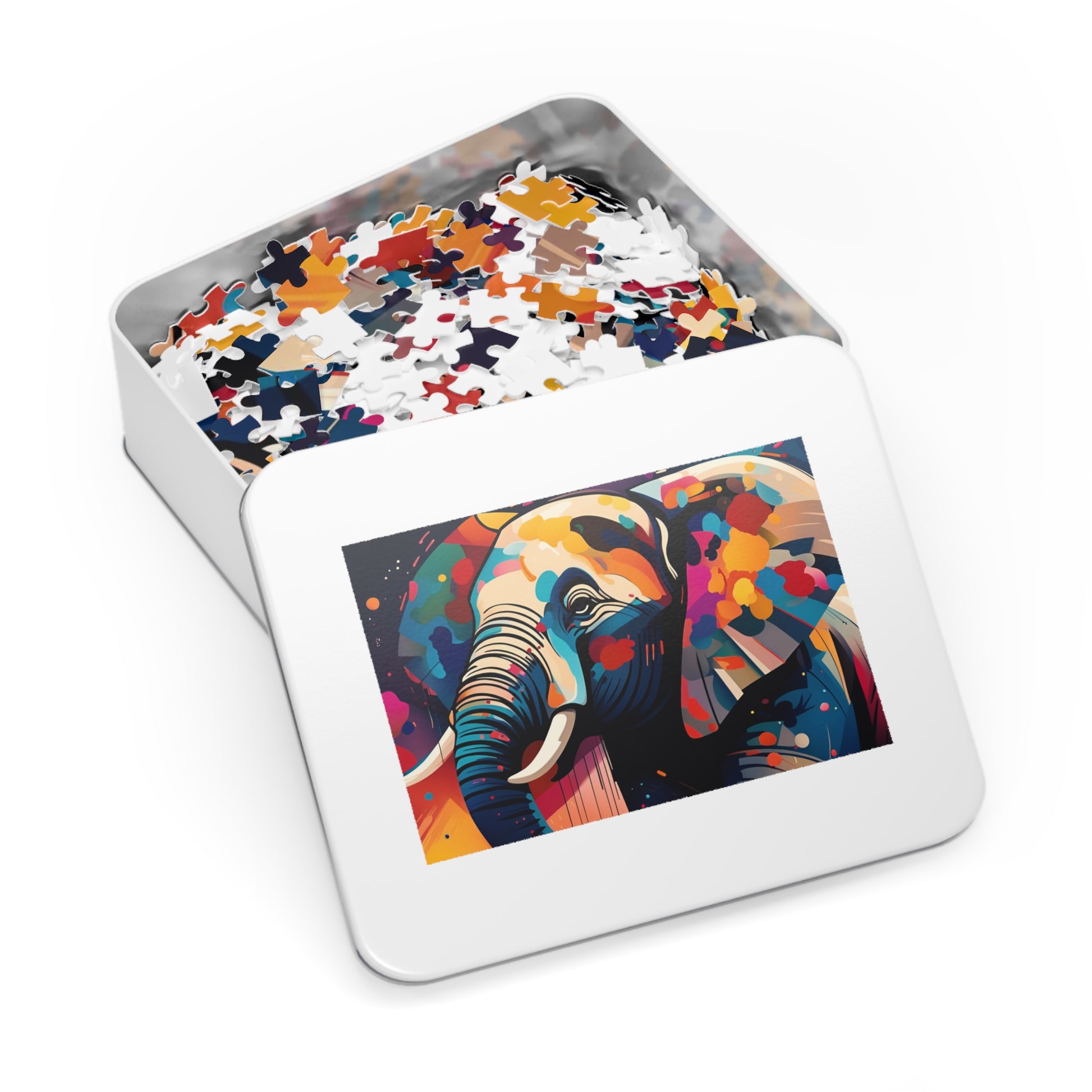 Multicolor Elephant Head Print on 1000 Pieces Puzzle in tin