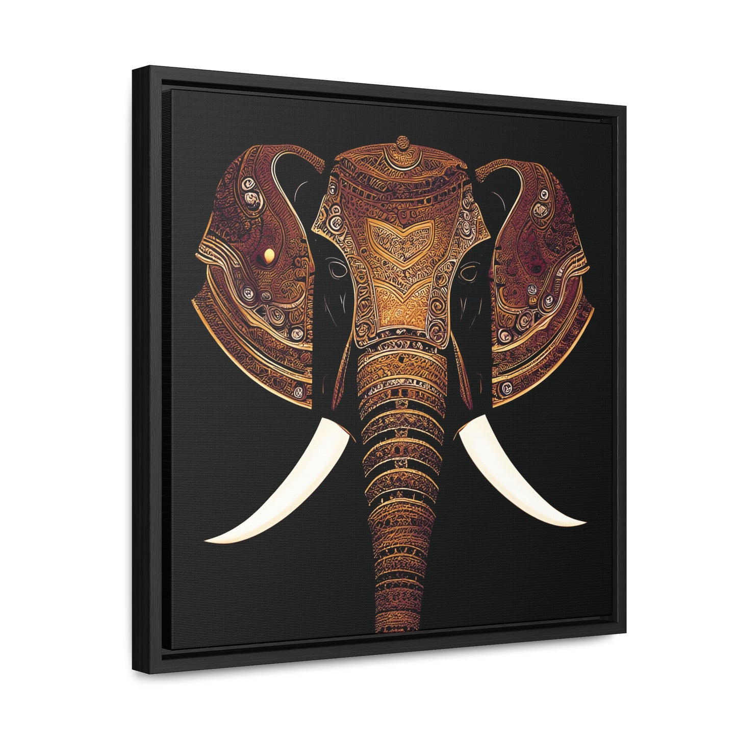 Indian Elephant Head With Parade Colors on Black Background Print on Canvas in a Floating Frame side view