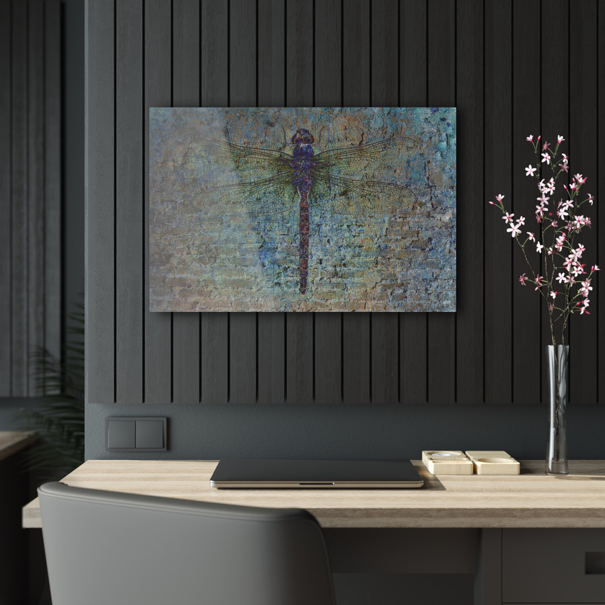 Dragonfly on Distressed Multicolor Brick Wall Printed on a Crystal Clear Acrylic Panel 30x20 hung in dark wall