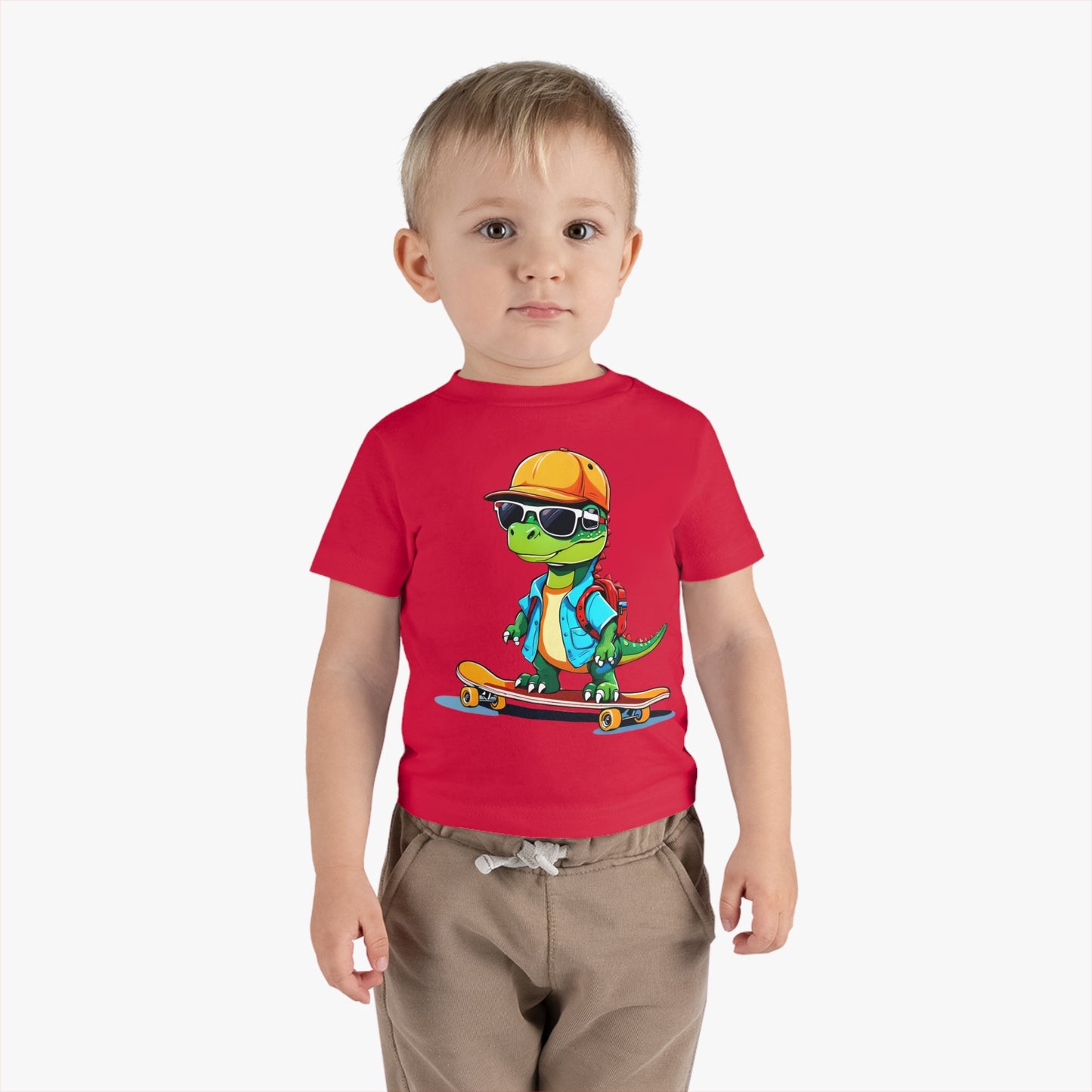 Dino Boy on Skate Board, Too Cool For School Infant Cotton Jersey Tee Red on Boy