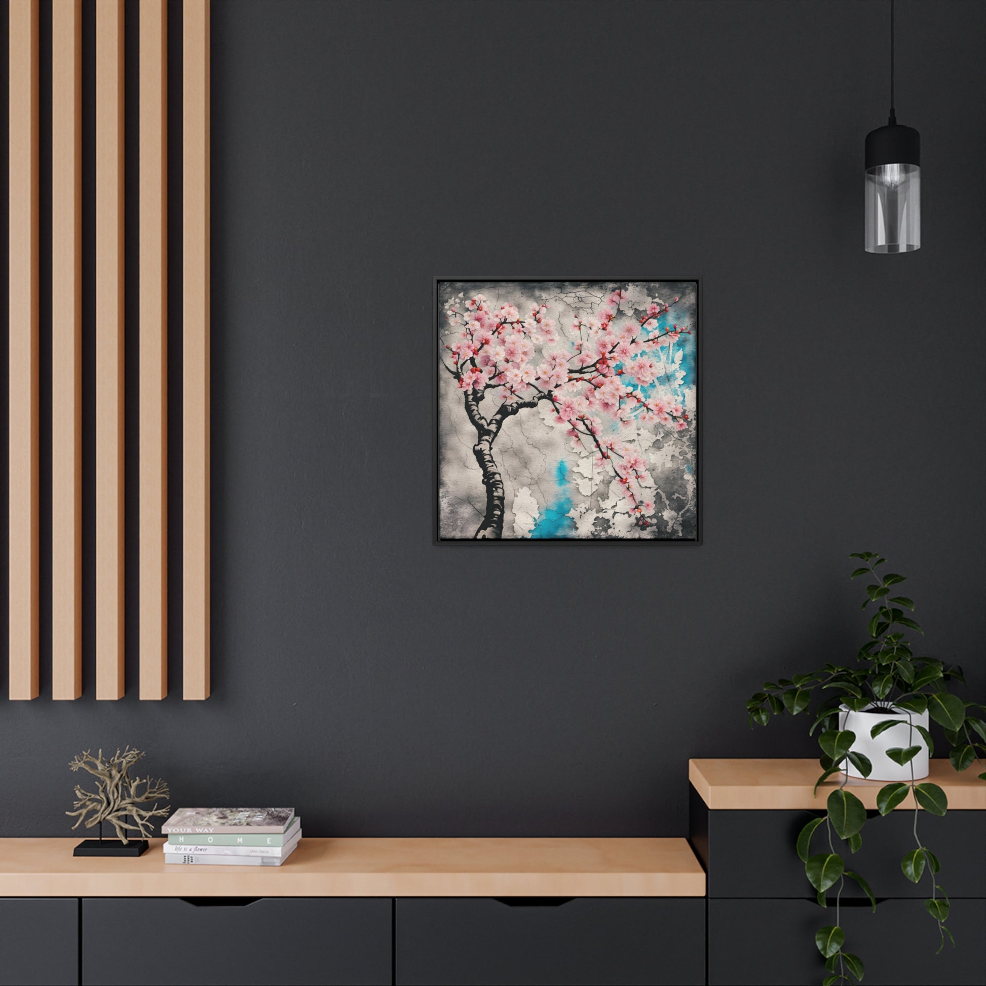 Cherry Blossoms Print on Canvas in a Floating Frame 24x24 hung