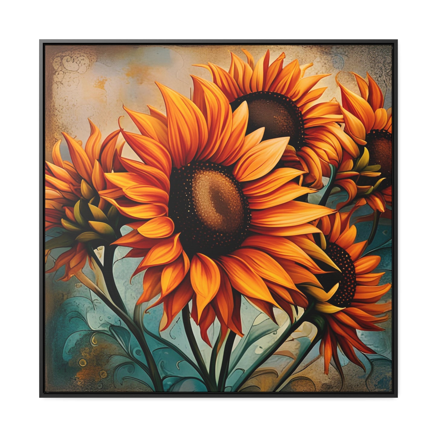Sunflower Lovers Delight - Sunflower Crop on Distressed Blue and Copper Background Printed on Canvas in a Floating Frame