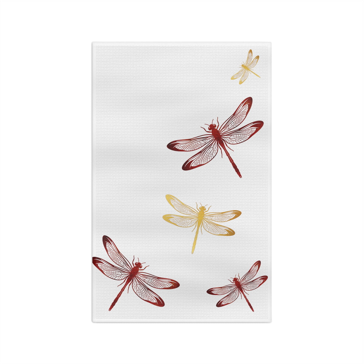 Flight of Red and Gold Dragonflies on White Microfiber Tea Towel