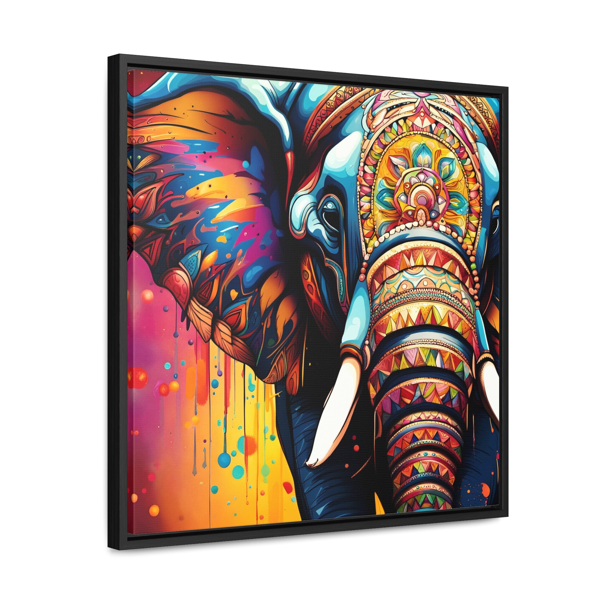 Stunning Multicolor Elephant Head Print on Canvas in a Floating Frame 36x36 side view