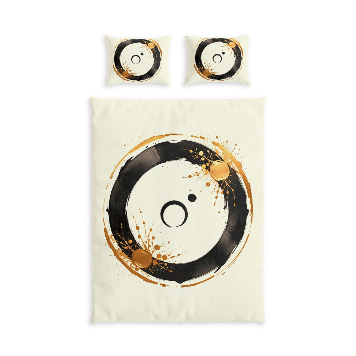 Abstract Zen Circle Cotton Bed Set — Minimalistic Black & Gold Duvet Cover