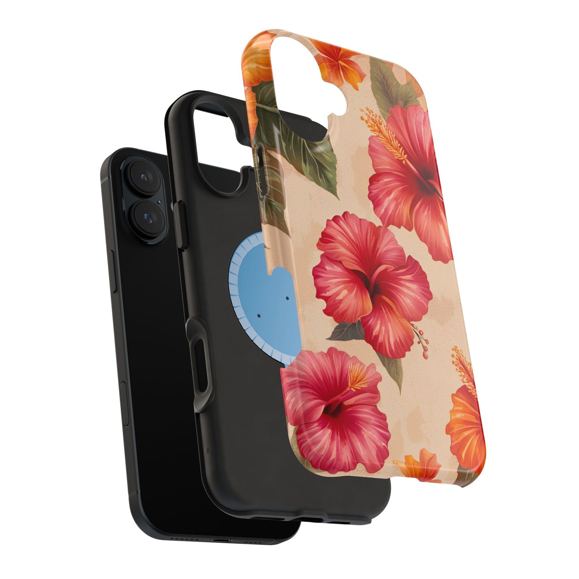 Pink and Orange Hibiscus Flowers Print on Magnetic Tough Case for iPhone 16 layer shown