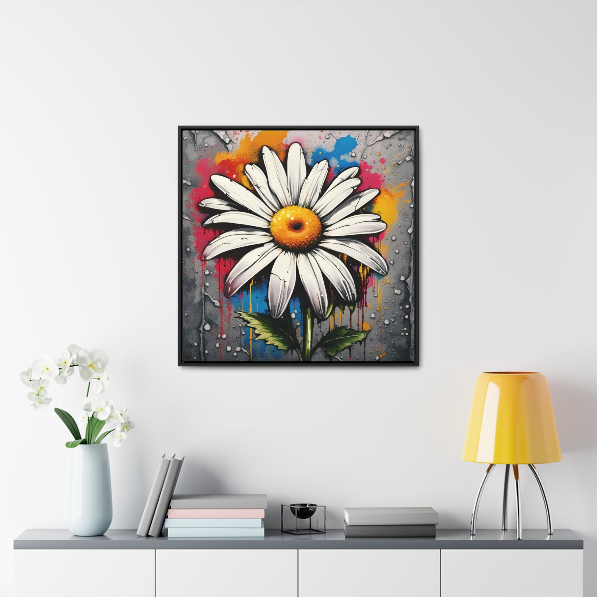 Floral themed Wall Art Print - Street Art Style Graffiti Daisy Printed on Canvas in a Floating Frame 30x30