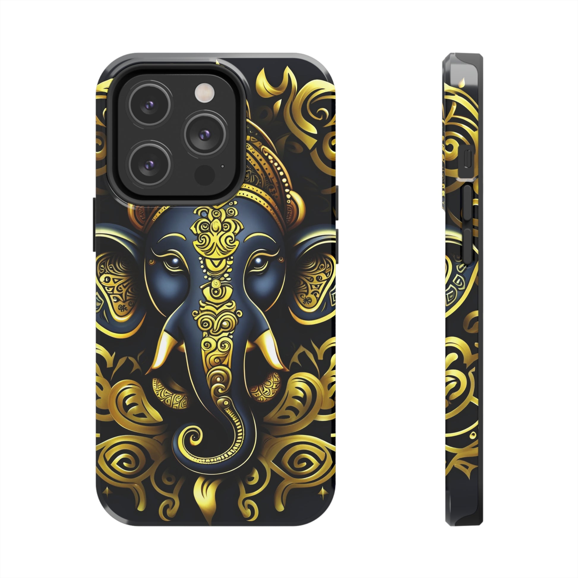 Tough Phone Case for iPhone 14  - Blue and Gold Ganesha Head Tribal Style Printed on Phone Case for iPhone 14 Pro