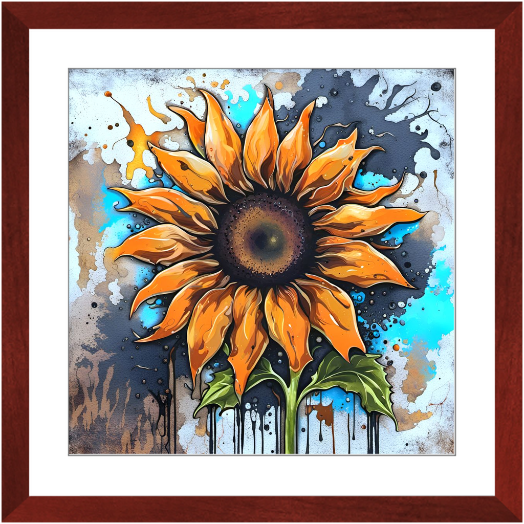 Street Art Style Sun Flower Print on Archival Paper in Cherry Color Wood Frame 20x20