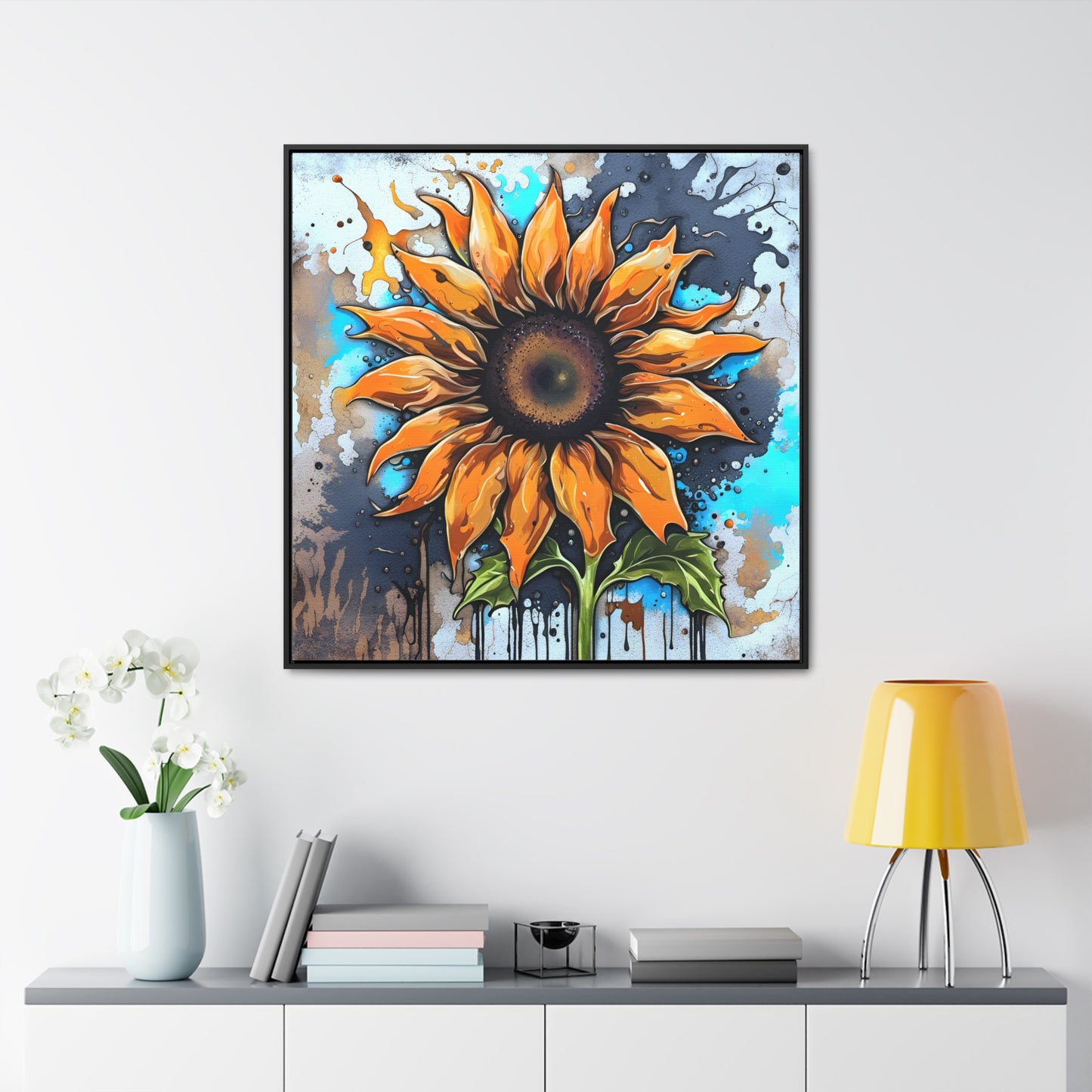 Floral Themed Wall Art - Street Style Sunflower Printed on Canvas in a Floating Frame