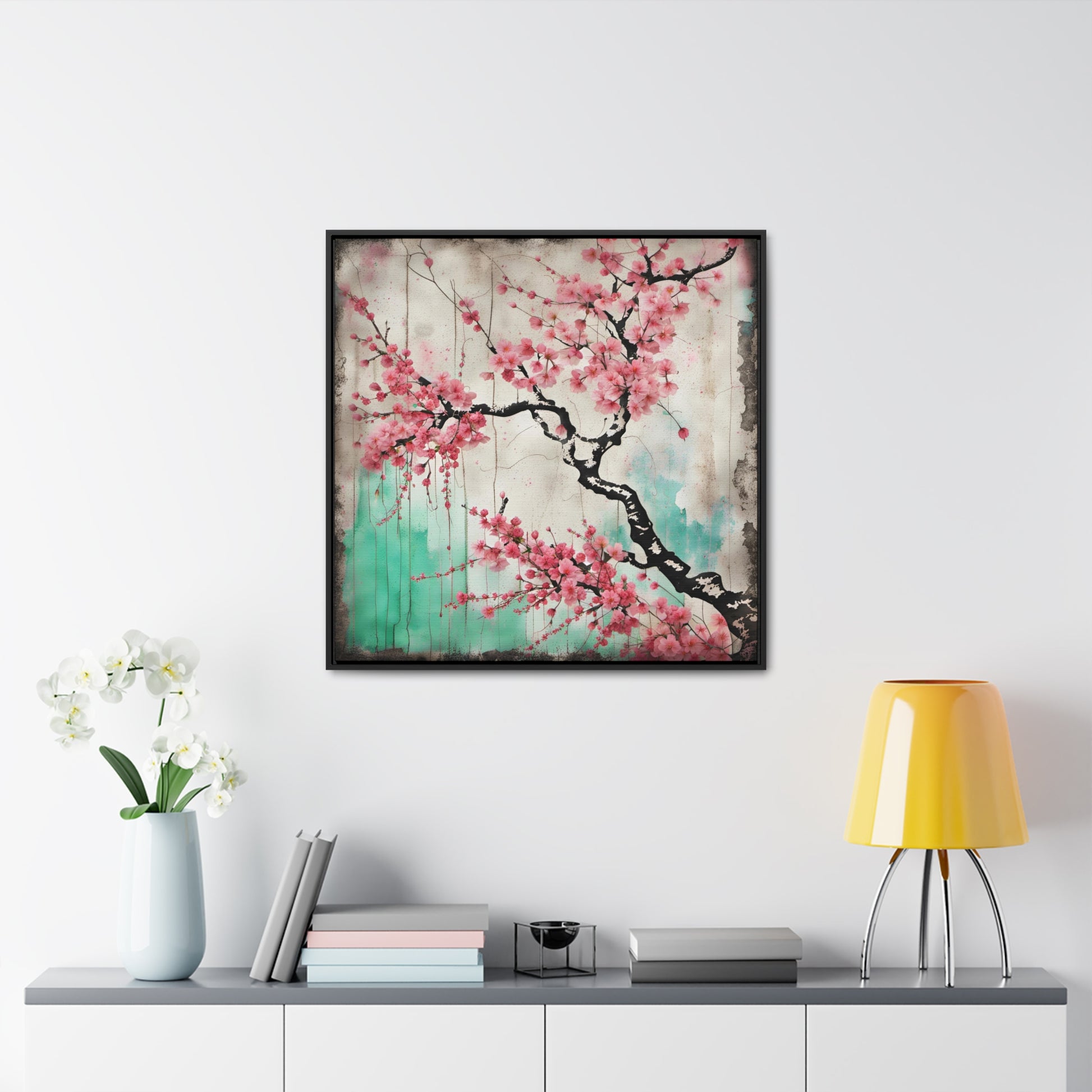 Cherry Blossoms Street Art Style Print on Canvas in a Floating Frame 30x30