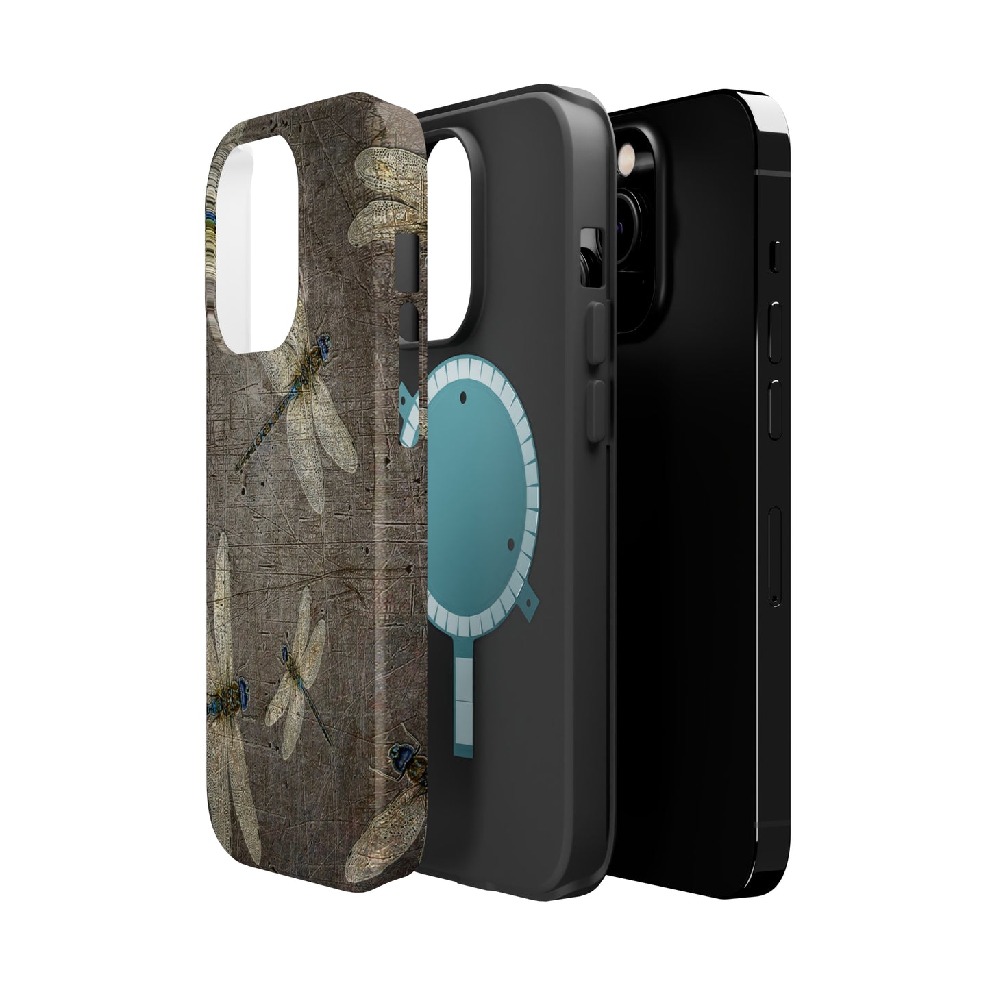 Dragonfly Themed Mag Safe Tough Cases for iPhones 13 and 14 - Flight of Dragonflies on Stone Background Print