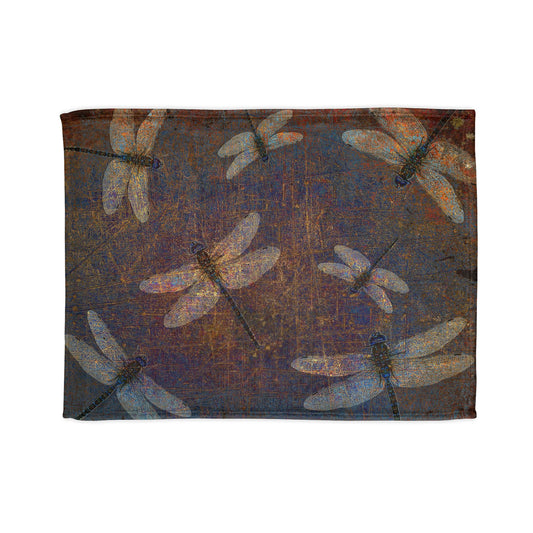Super soft Dragonfly Minky Blanket: Flight of Dragonflies on Distressed Purple and Orange Background