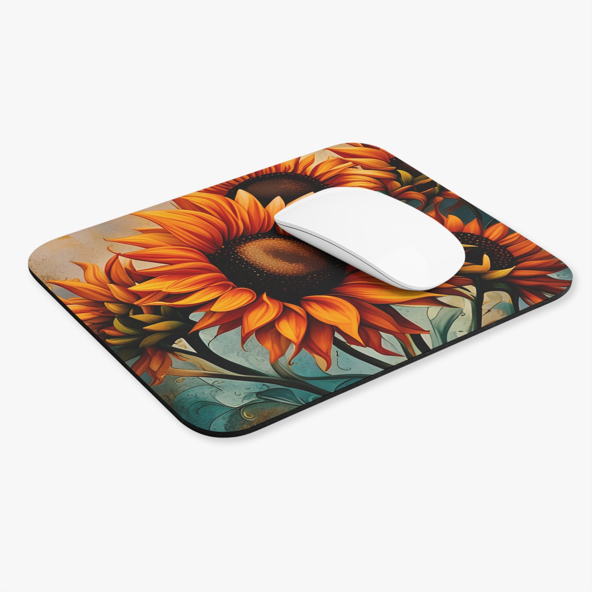 Sunflower Crop on Distressed Blue and Copper Background Printed on Mouse Pad with mouse