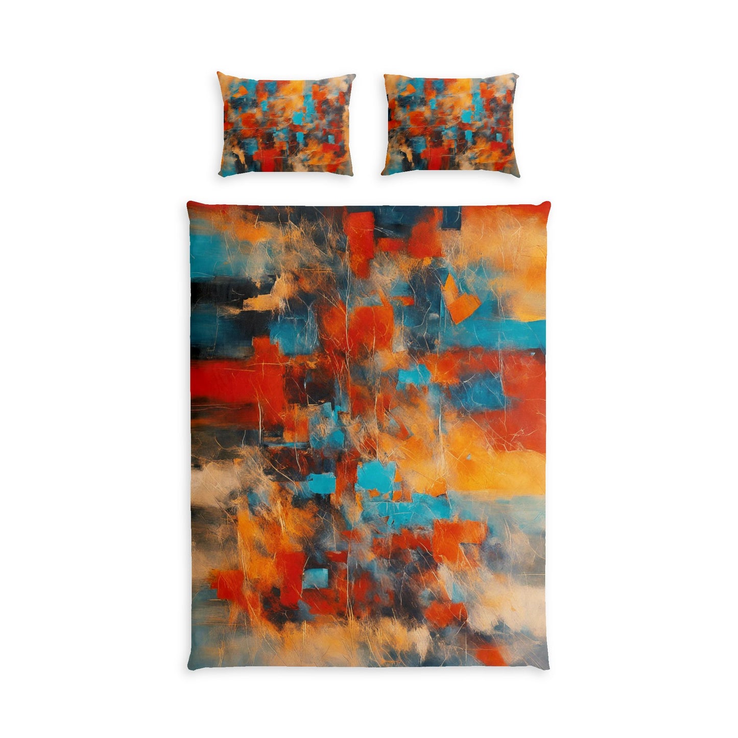 An abstract bedding set featuring a duvet cover and two matching pillowcases with a vibrant, multicolored painting design in shades of orange, blue, red, and beige on a white background.