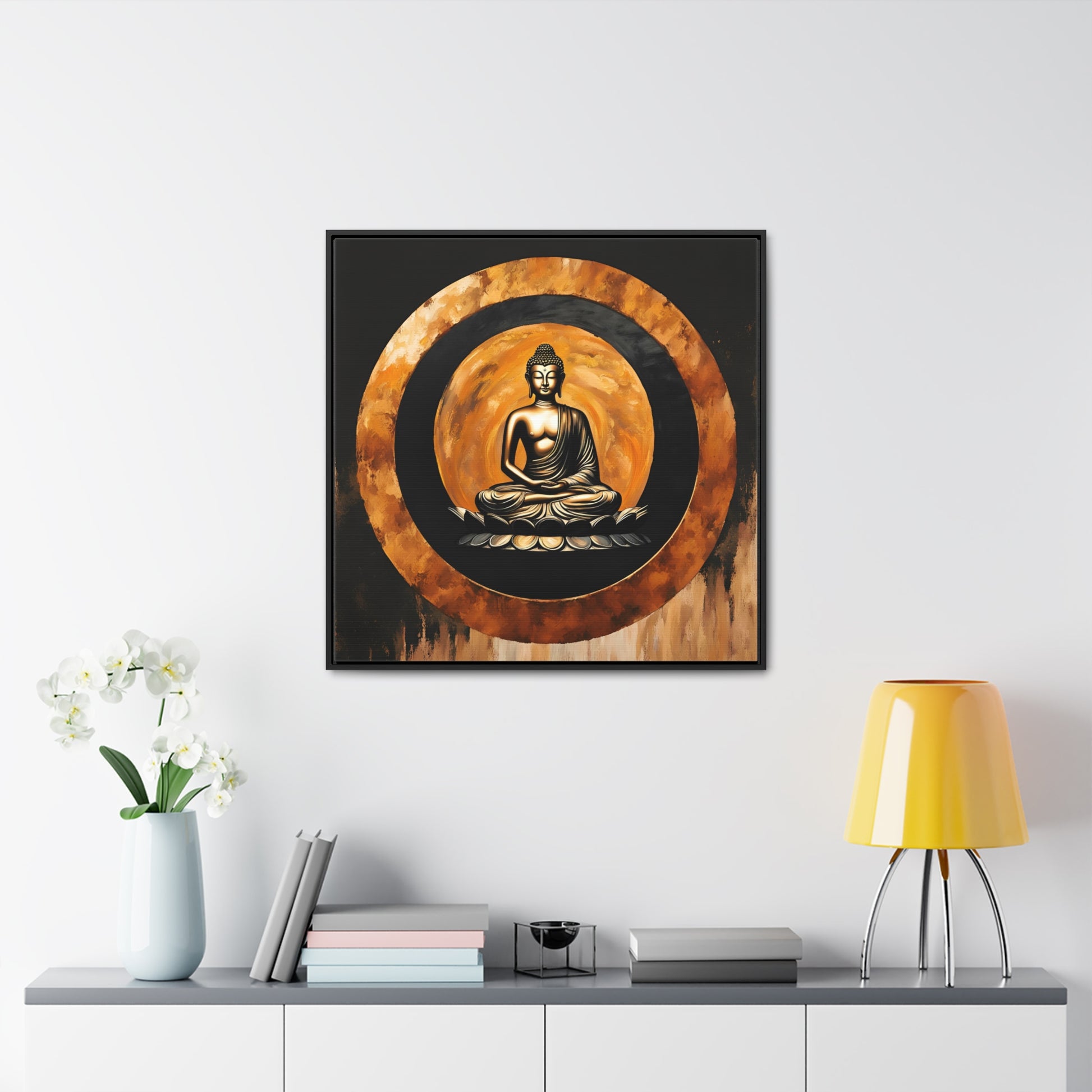 Golden Sitting Buddha in a Gold Enso Circle Print on Canvas 36x36