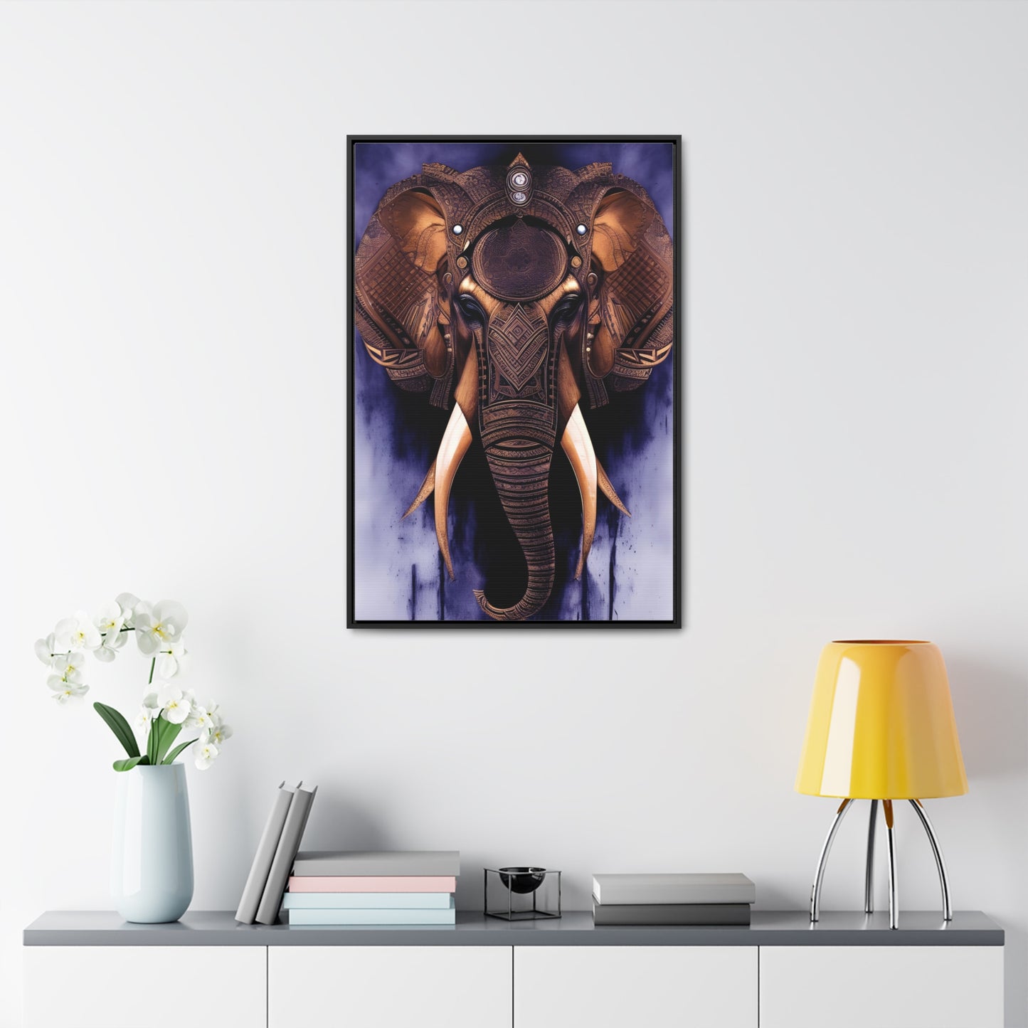 Elephant Themed Modern Wall Art - Tribal Elephant Head on Purple Background Print on Canvas in a Floating Frame