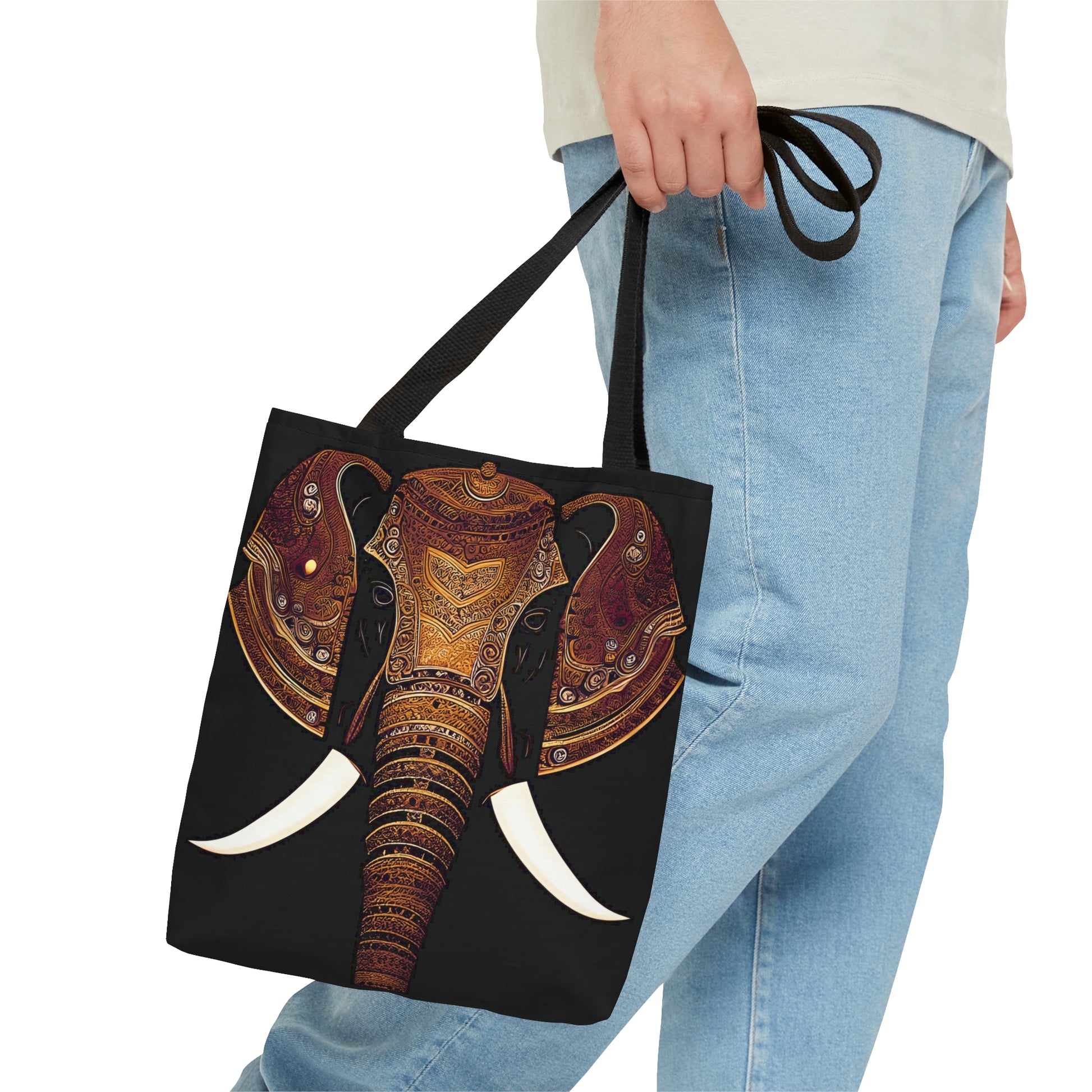 Indian Elephant Head With Parade Colors on Black Background tote bag small
