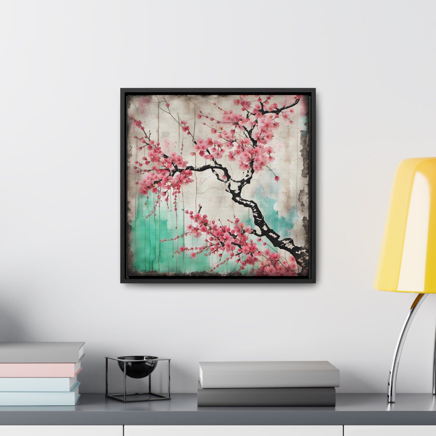 Cherry Blossoms Street Art Style Print on Canvas in a Floating Frame 16x16