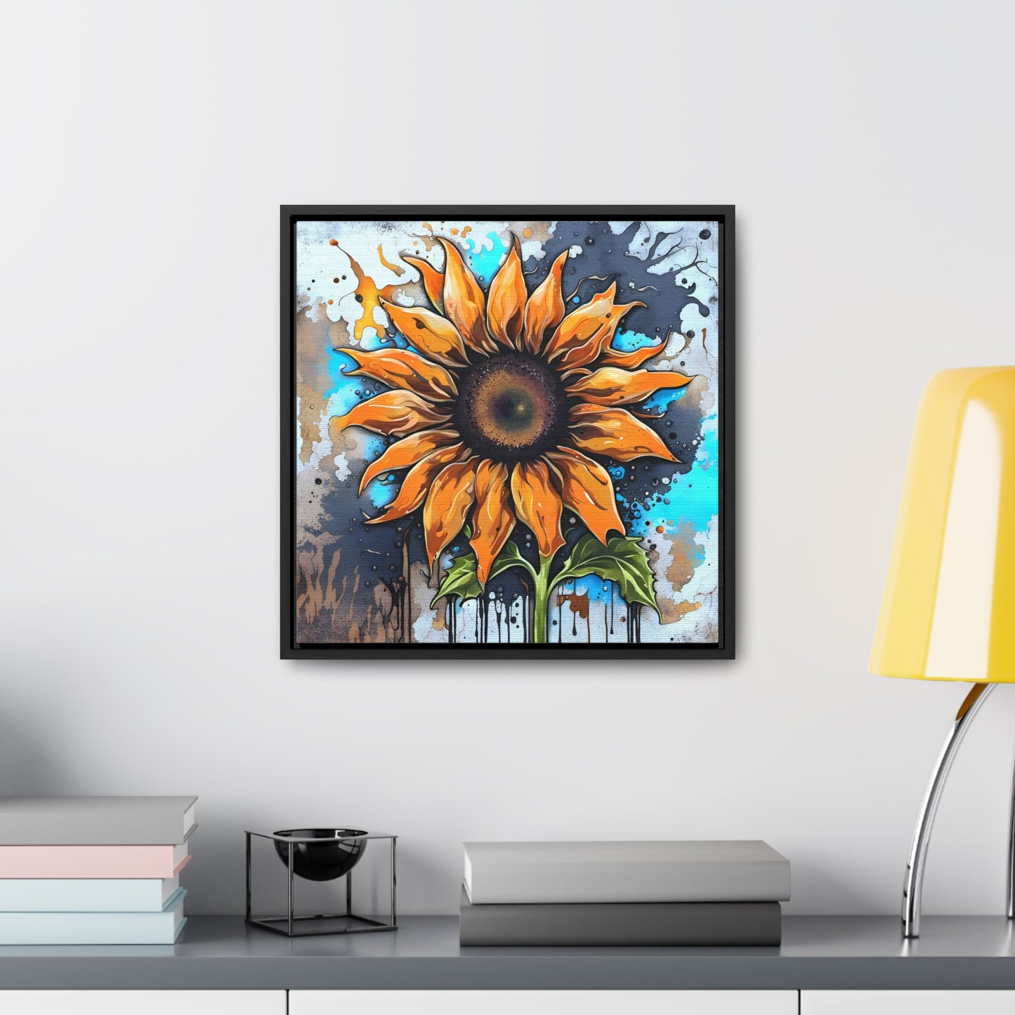 Floral Themed Wall Art - Street Style Sunflower Printed on Canvas in a Floating Frame