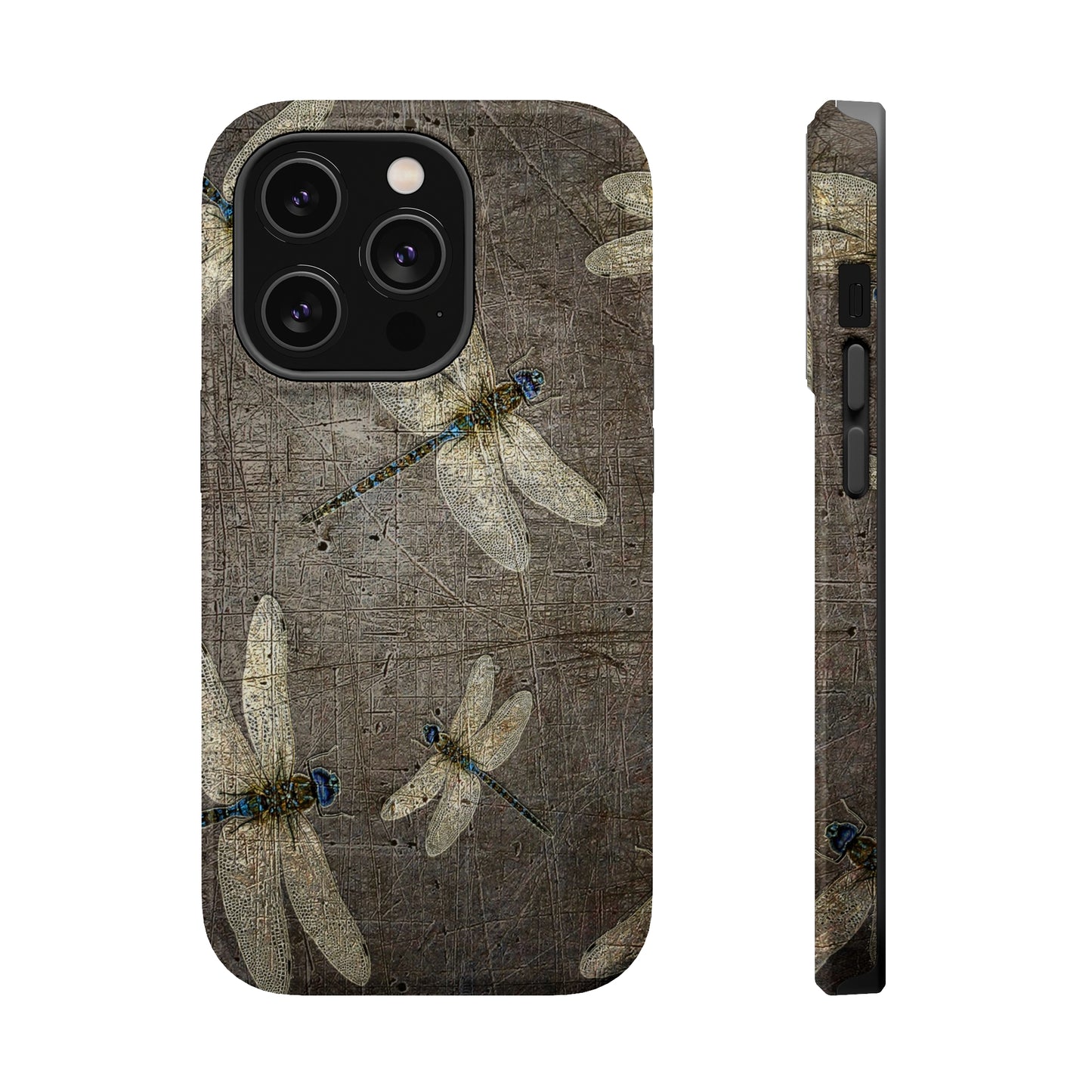 Dragonfly Themed Mag Safe Tough Cases for iPhones 13 and 14 - Flight of Dragonflies on Stone Background Print