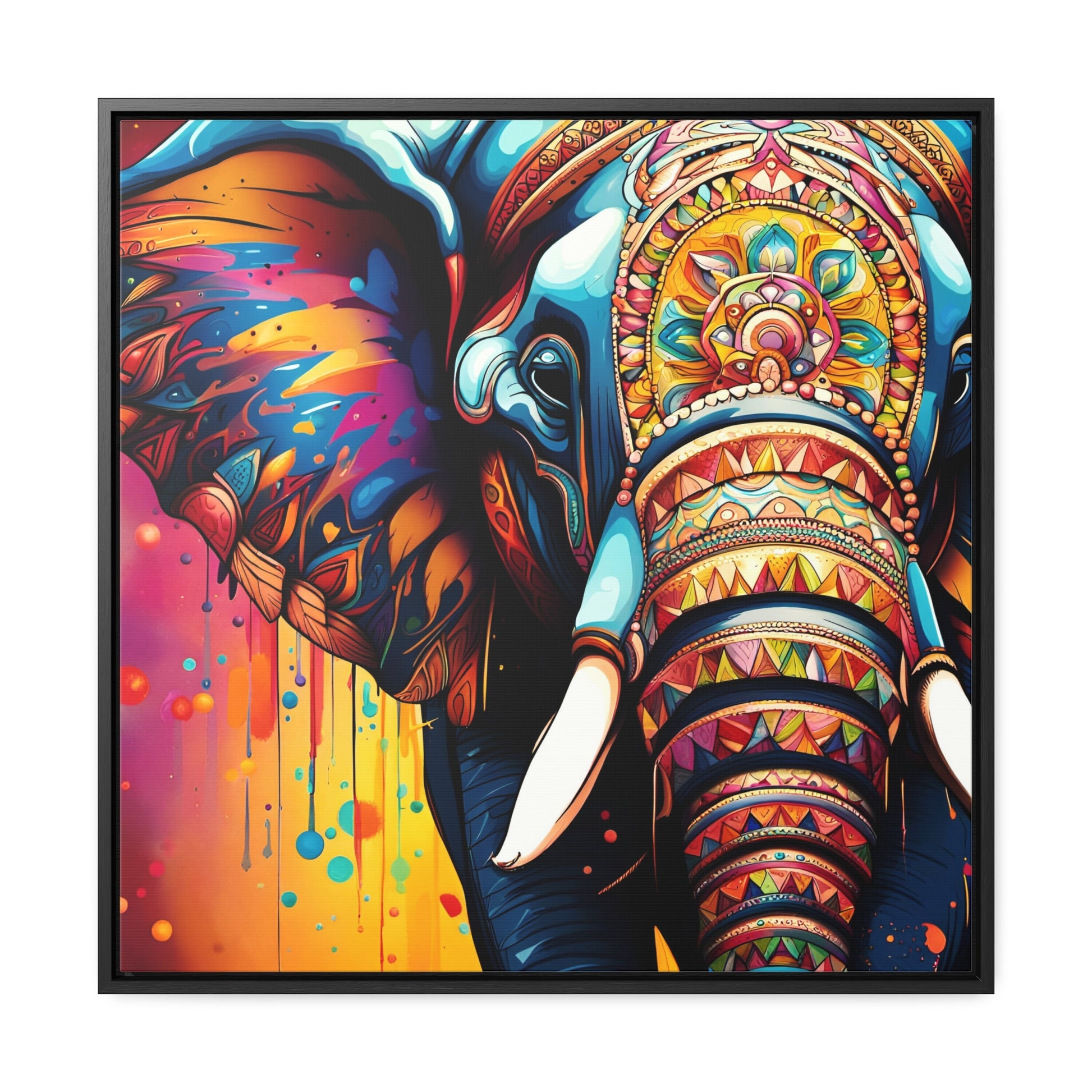 Stunning Multicolor Elephant Head Print on Canvas in a Floating Frame 36x36