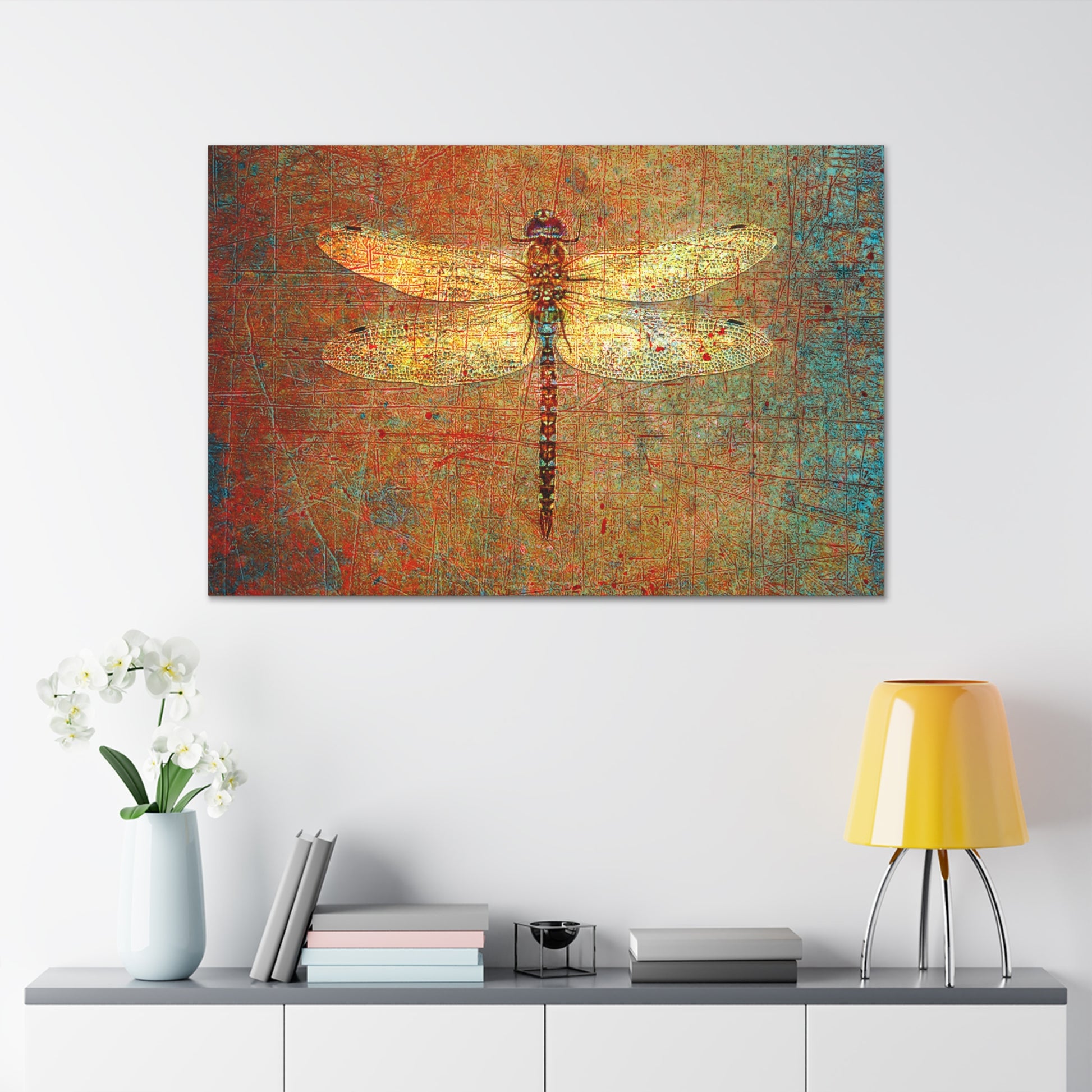 Golden Dragonfly on Distressed Orange and Green Background Print on Unframed Stretched Canvas 48x32